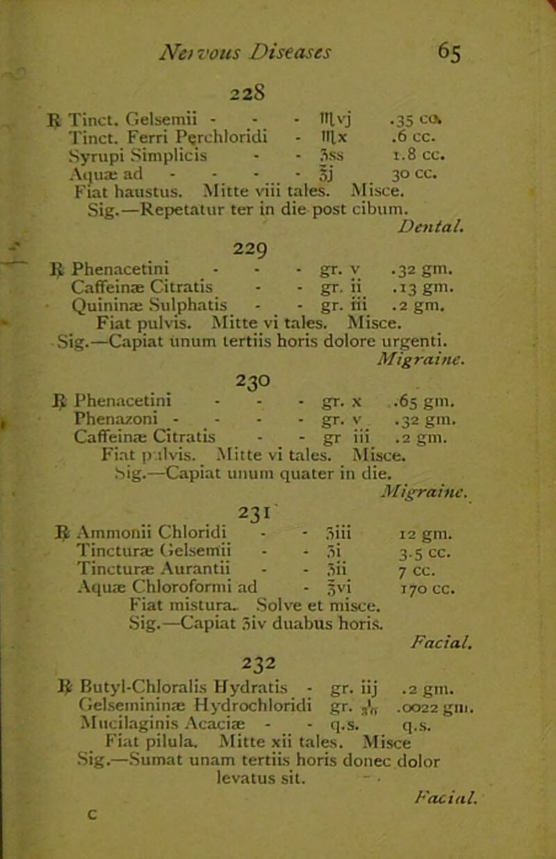 1 22S Tinct. Gelsemii - - ttlvj • 35 COk Tinct. Ferri Perchloridi - Illx .6 cc. Syrupi Simplicis - 3ss 1.8 cc. Aqua: ad - 5J 30 cc. Fiat haustus. Mitte viii tales. Misce. Sig.—Repetatur ter in die post cibum. Dental. 229 R Phenacetini - - - gr. v .32 gm. Caflfeinae Citratis - - gr. ii .13 gm. Quinina: Sulphatis - - gr. Hi .2 gm. Fiat pulvis. Mitte vi tales. Misce. Sig.—Capiat iinum tertiis horis dolore urgenti. Migraine. 2 3° Phenacetini - - - gr. x .65 gm. Phenazoni - - - - gr. v .32 gm. Cafieina: Citratis - - gr iii .2 gm. Fiat p ilvis. Mitte vi tales. Misce. Sig.—Capiat unum quater in die. Migraine. 23I ft Ammonii Chloridi 3iii 12 gm. Tincturse Gelsemii 3i 3-5 cc. Tincturae Aurantii 3ii 7 cc. Aquae Chloroformi ad 3vi 170 cc. F'iat mistura.. Solve et misce. Sig.—Capiat 3iv duabus horis. Facial. 232 Jfi Butyl-Chloralis Hydratis - gr. iij .2 gm. Gelseinininse Hydrochloridi gr. .0022 gm. Mucilaginis Acaciae - - q.s. q.s. Fiat pilula. Mitte xii tales. Misce Sig.—Sumat unam tertiis horis donee dolor levatus sit. c Facial.