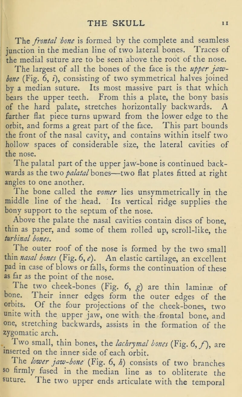 The frontal bonc is formed by the complete and seamless junction in the median line of two lateral bones. Traces of the medial suture are to be seen above the root of the nose. The largest of all the bones of the face is the upper jaw- bone (Fig. 6, /), consisting of two symmetrical halves joined by a median suture. Its most massive part is that which bears the upper teeth. From this a plate, the bony basis of the hard palate, Stretches horizontally backwards. A further flat piece turns upward from the lower edge to the orbit, and forms a great part of the face. This part bounds the front of the nasal cavity, and contains within itself two hollow spaces of considerable size, the lateral cavities of the nose. The palatal part of the upper jaw-bone is continued back- wards as the twopalatalhonQS—two flat plates fitted at right angles to one another. The bone called the votner lies unsymmetrically in the middle line of the head. Its vertical ridge supplies the bony Support to the septum of the nose. Above the palate the nasal cavities contain discs of bone, thin as paper, and some of them rolled up, scroll-like, the turbinal bones. The outer roof of the nose is formed by the two small thin nasal bones (Fig. 6, e). An elastic cartilage, an excellent pad in case of blows or falls, forms the continuation of these as far as the point of the nose. The two^ cheek-bones (Fig. 6, are thin laminm of bone. Their inner edges form the outer edges of the Orbits. Of the four projections of the cheek-bones, two unite with the upper jaw, one with the frontal bone, and One, Stretching backwards, assists in the formation of the zygomatic arch. Two small, thin bones, the lachr^mal bones (Fig. 6, y'), are inserted on the inner side of each orbit. The lower jaw-bone (Fig. 6, h) consists of two branches so firnily fused in the median line as to obliterate the suture. The two upper ends articulate with the temporal