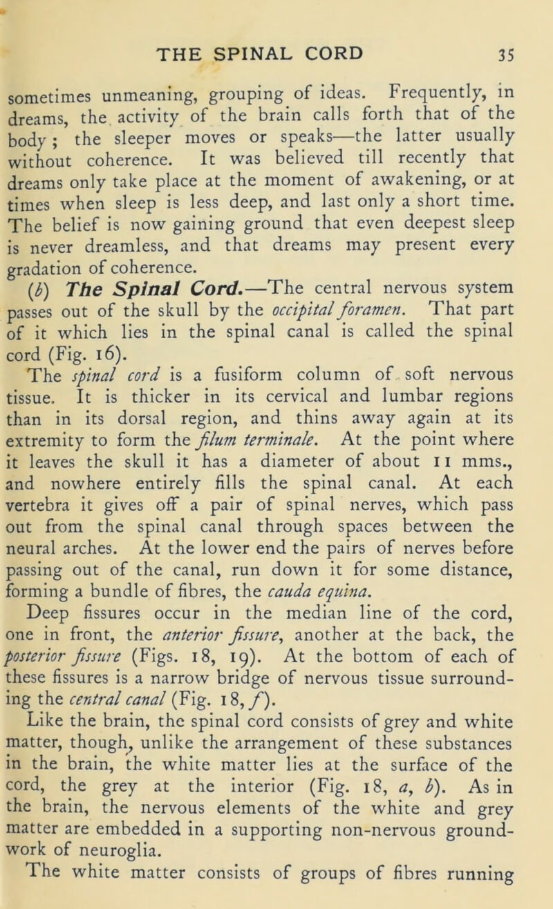 sometimes unmeaning, grouping of ideas. Frequently, in dreams, the acdvity of the brain calls forth that of the body; the sleeper moves or speaks—the latter usually without coherence. It was believed tili recently that dreams only take place at the moment of awakening, or at times when sleep is less deep, and last only a short time. The belief is now gaining ground that even deepest sleep is never dreamless, and that dreams may present every gradation of coherence. {b) The Spinal Cord.—The central nervous system passes out of the skull by the occipital foramen. That part of it which lies in the spinal canal is called the spinal cord (Fig. i6). The spinal cord is a fusiform column of soft nervous tissue. It is thicker in its cervical and lumbar regions than in its dorsal region, and thins away again at its extremity to form the filum terminale. At the point where it leaves the skull it has a diameter of about 11 mms., and nowhere entirely fills the spinal canal. At each vertebra it gives olF a pair of spinal nerves, which pass out from the spinal canal through spaces between the neural arches, At the lower end the pairs of nerves before passing out of the canal, run down it for some distance, forming a bündle of fibres, the cauda equina. Deep fissures occur in the median line of the cord, one in front, the anterior ßssure, another at the back, the posterior fissure (Figs. i8, 19). At the bottom of each of these fissures is a narrow bridge of nervous tissue surround- ing the central canal (Fig. 18,/'). Like the brain, the spinal cord consists of grey and white matter, though, unlike the arrangement of these substances in the brain, the white matter lies at the surface of the cord, the grey at the interior (Fig. 18, a, b). As in the brain, the nervous elements of the white and grey matter are embedded in a supporting non-nervous ground- work of neuroglia. The white matter consists of groups of fibres running