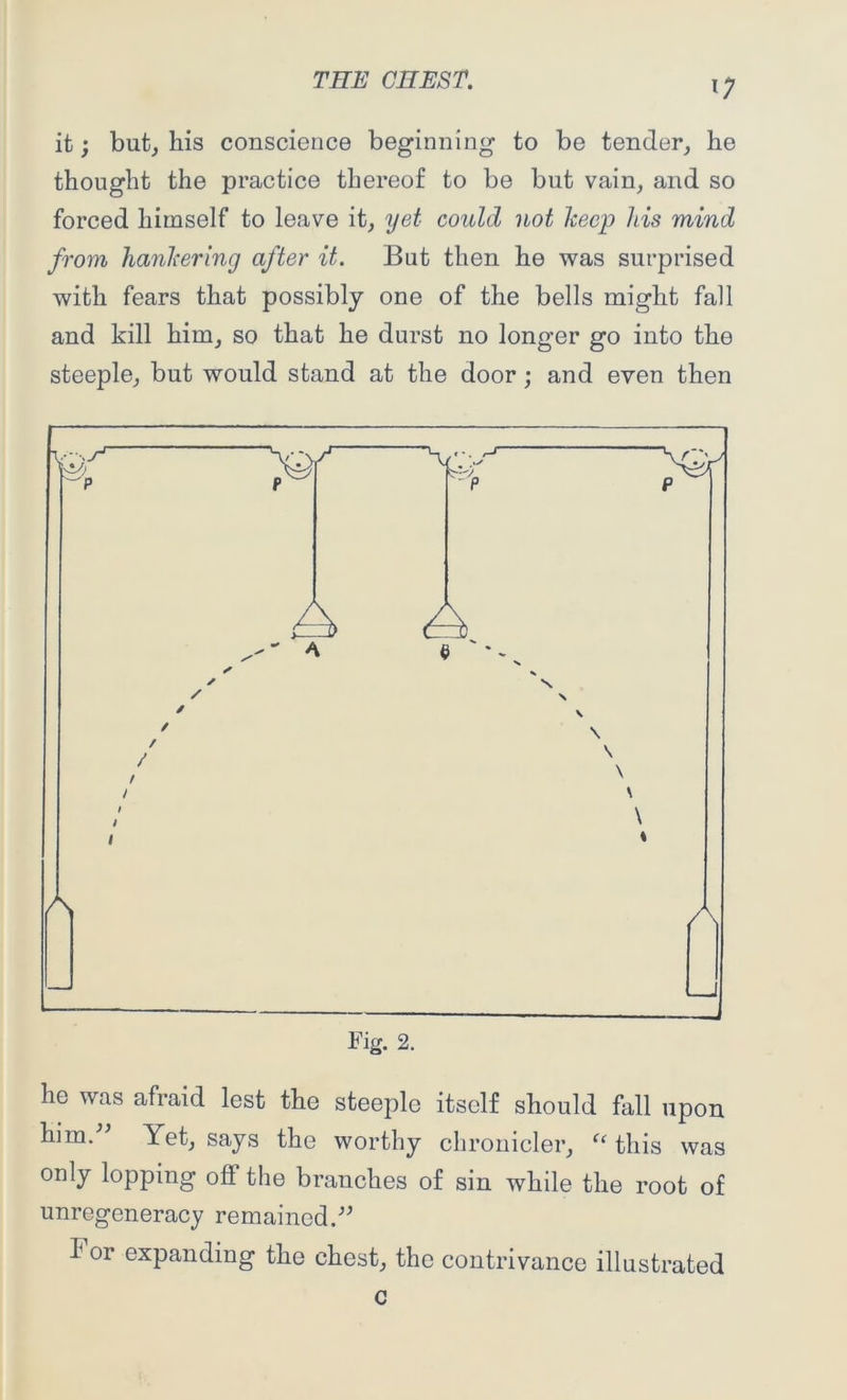 it; but, his conscience beginning to be tender, he thought the practice thereof to be but vain, and so forced himself to leave it, yet could not keep his mind from hankering after it. But then he was surprised with fears that possibly one of the bells might fall and kill him, so that he durst no longer go into the steeple, but would stand at the door ; and even then he was afraid lest the steeple itself should hill upon him. Yet, says the worthy chronicler, “ this was only lopping off the branches of sin while the root of unregeneracy remained.-” i or expanding the chest, the contrivance illustrated c