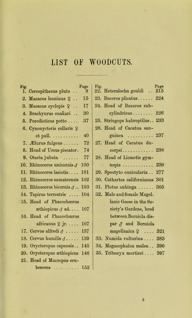 LIST OF WOODCUTS. Fig. Page 1. Cercopithecus pluto .. 9 2. Macacus leoninus $ .. 15 3. Macacus cyclopis $ .. 17 4. Brachyurus ouakari ., 30 5. Perodicticus potto .... 37 6. Cynonycteris collaris $ et pull 40 7. iElurus fulgens 72 8. Head of Ursus piscator. 74 9. Otaria jubata 77 10. Rhinoceros unicornis d 100 11. Rhinoceros lasiotis.. .. 101 12. Bhinoceros sumatrensis 102 13. Bhinoceros bicornis J .. 103 14. Tapirus terrestris .... 104 15. Head of Phacochoerus aethiopicus <$ ad. . .. 107 16. Head of Phacochoerus africanus 5 jr 107 17. Cervus alfredi $ 137 18. Cervus humilis <$ 139 19. Orycteropus capensis.. 145 20. Orycteropus aethiopicus 146 21. Head of Macropus eru- bescens 152 Fig. Page 22. Heteralocha gouldi .. 215 23. Buceros plicatus 224 24. Head of Buceros sub- cylindricus 226 25. Stringops habroptilus.. 233 26. Head of Cacatua san- guinea 237 27. Head of Cacatua du- corpsi 238 28. Head of Licmetis gym- nopis 239 29. Speotyto cunicularia .. 277 30. Cathartes californianus 301 31. Plotus anhinga 305 32. Male and female Magel- lanic Geese in the So- ciety’s Gardens, bred between Bernicla dis- par £ and Bernicla magellanica 5 .... 321 33. JNumida vulturina .... 383 34. Megacephalon maleo .. 390 35. Tribonyx mortieri.... 397