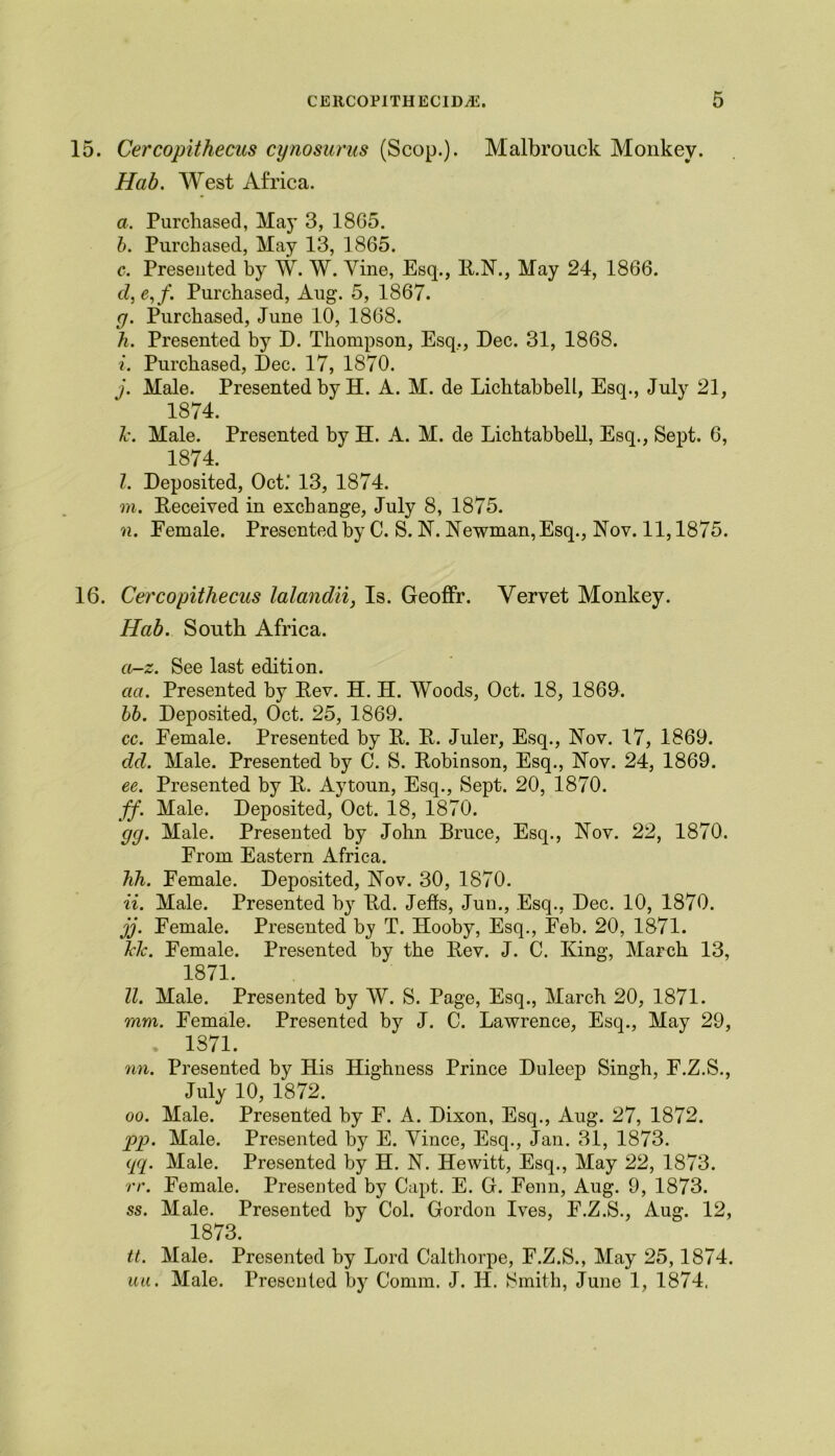 15. Cercopithecus cynosurus (Scop.). Malbrouck Monkey. Hab. West Africa. a. Purchased, May 3, 1865. b. Purchased, May 13, 1865. c. Presented by W. W. Vine, Esq., E.N., May 24, 1866. d. e,f. Purchased, Aug. 5, 1867. g. Purchased, June 10, 1868. h. Presented by D. Thompson, Esq,, Dec. 31, 1868. i. Purchased, Dec. 17, 1870. j. Male. Presented by H. A. M. de Lichtabbell, Esq., July 21, 1874. l\ Male. Presented by H. A. M. de Lichtabbell, Esq., Sept. 6, 1874. l. Deposited, Oct.' 13, 1874. m. Deceived in exchange, July 8, 1875. n. Eemale. Presented by C. S. N. Newman, Esq., Nov. 11,1875. 16. Cercopithecus lalandii, Is. Geoffr. Vervet Monkey. Hab. South Africa. a-z. See last edition. aa. Presented by Eev. H. H. Woods, Oct. 18, 1869. bb. Deposited, Oct. 25, 1869. cc. Eemale. Presented by E. E. Juler, Esq., Nov. 17, 1869. del. Male. Presented by C. S. Eobinson, Esq., Nov. 24, 1869. ee. Presented by E. Aytoun, Esq., Sept. 20, 1870. ff. Male. Deposited, Oct. 18, 1870. gg. Male. Presented by John Bruce, Esq., Nov. 22, 1870. From Eastern Africa. hh. Female. Deposited, Nov. 30, 1870. ii. Male. Presented by Ed. Jeffs, Jun., Esq., Dec. 10, 1870. jj. Female. Presented by T. Hooby, Esq., Feb. 20, 1871. Me. Female. Presented by the Eev. J. C. King, March 13, 1871. II. Male. Presented by W. S. Page, Esq., March 20, 1871. mm. Female. Presented by J. C. Lawrence, Esq., May 29, 1371. nn. Presented by His Highness Prince Duleep Singh, F.Z.S., July 10, 1872. oo. Male. Presented by F. A. Dixon, Esq., Aug. 27, 1872. pp. Male. Presented by E. Vince, Esq., Jan. 31, 1873. qq. Male. Presented by H. N. Hewitt, Esq., May 22, 1873. rr. Female. Presented by Capt. E. G. Fenn, Aug. 9, 1873. ss. Male. Presented by Col. Gordon Ives, F.Z.S., Aug. 12, 1873. tt. Male. Presented by Lord Calthorpe, F.Z.S., May 25,1874. ua. Male. Presented by Comm. J. H. Smith, June 1, 1874.