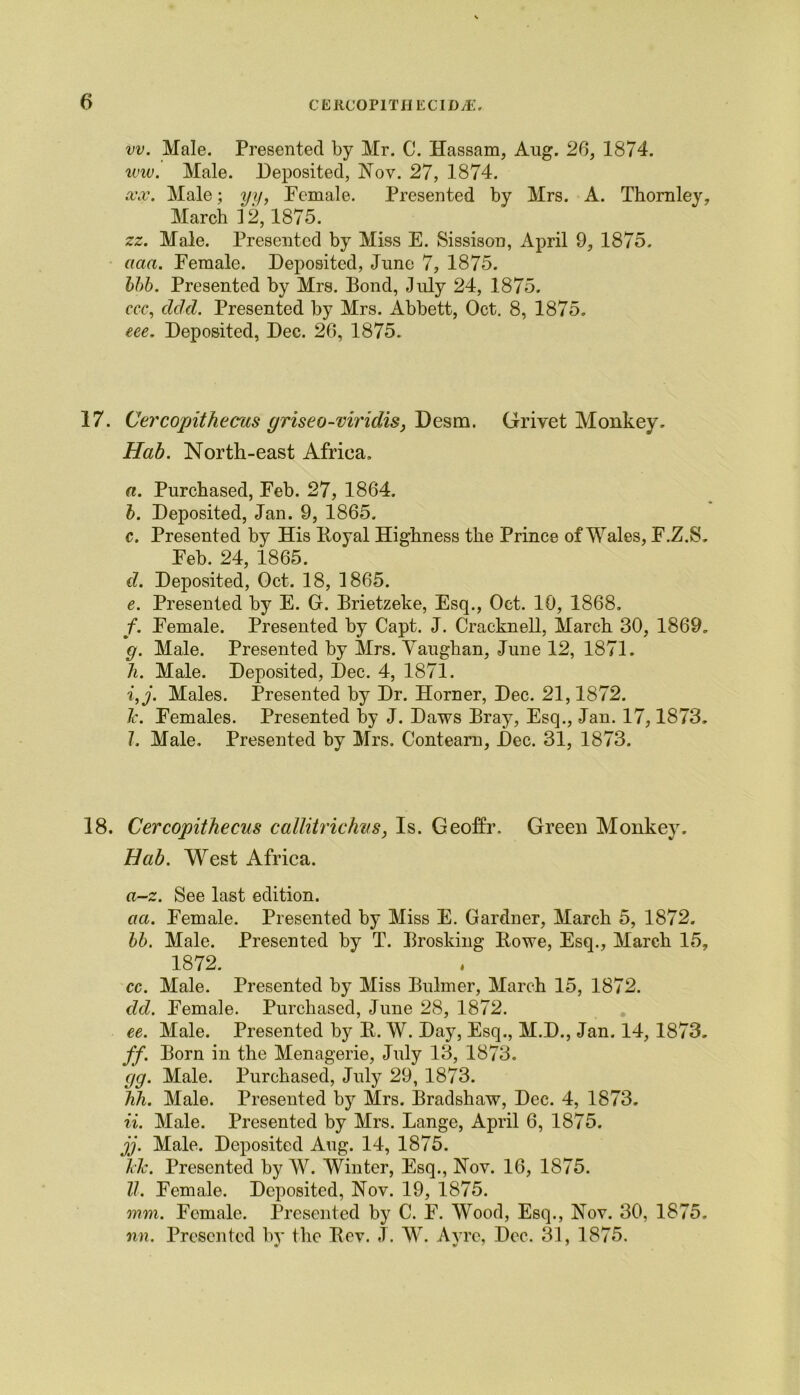 vv. Male. Presented by Mr. C. Hassam, Aug. 26, 1874. u’w. Male. Deposited, Nov. 27, 1874. xx. Male: yy, Female. Presented by Mrs. A. Thornley, March 12,1875. zz. Male. Presented by Miss E. Sissison, April 9, 1875. aaa. Female. Deposited, June 7, 1875. bbb. Presented by Mrs. Bond, July 24, 1875. ccc, clcld. Presented by Mrs. Abbett, Oct. 8, 1875. eee. Deposited, Dec. 26, 1875. 17. Cer copit he cus griseo-viridis, Desm. Grivet Monkey. Hab. North-east Africa. a. Purchased, Feb. 27, 1864. b. Deposited, Jan. 9, 1865. c. Presented by His Boyal Highness the Prince of Wales, F.Z.S. Feb. 24, 1865. d. Deposited, Oct. 18, 1865. e. Presented by E. G. Brietzeke, Esq., Oct. 10, 1868. f. Female. Presented by Capt. J. Cracknell, March 30, 1869. g. Male. Presented by Mrs. Vaughan, June 12, 1871. h. Male. Deposited, Dec. 4, 1871. i. j. Males. Presented by Dr. Horner, Dec. 21,1872. 7i\ Females. Presented by J. Daws Bray, Esq., Jan. 17,1873. 1. Male. Presented by Mrs. Contearn, Dec. 31, 1873. 18. Cercopithecus callitricfivs, Is. Geoffr. Green Monkey. Hab. West Africa. a-z. See last edition. aa. Female. Presented by Miss E. Gardner, March 5, 1872. bb. Male. Presented by T. Brosking Howe, Esq., March 15, 1872. cc. Male. Presented by Miss Buhner, March 15, 1872. dd. Female. Purchased, June 28, 1872. ee. Male. Presented by R. W. Day, Esq., M.D., Jan. 14, 1873. ff. Born in the Menagerie, July 13, 1873. gg. Male. Purchased, July 29, 1873. lili. Male. Presented by Mrs. Bradshaw, Dec. 4, 1873. ii. Male. Presented by Mrs. Lange, April 6, 1875. jj. Male. Deposited Aug. 14, 1875. Tch. Presented by W. Winter, Esq., Nov. 16, 1875. II. Female. Deposited, Nov. 19, 1875. mm. Female. Presented by C. F. Wood, Esq., Nov. 30, 1875. nn. Presented by the Rev. J. W. Avre, Dec. 31, 1875.