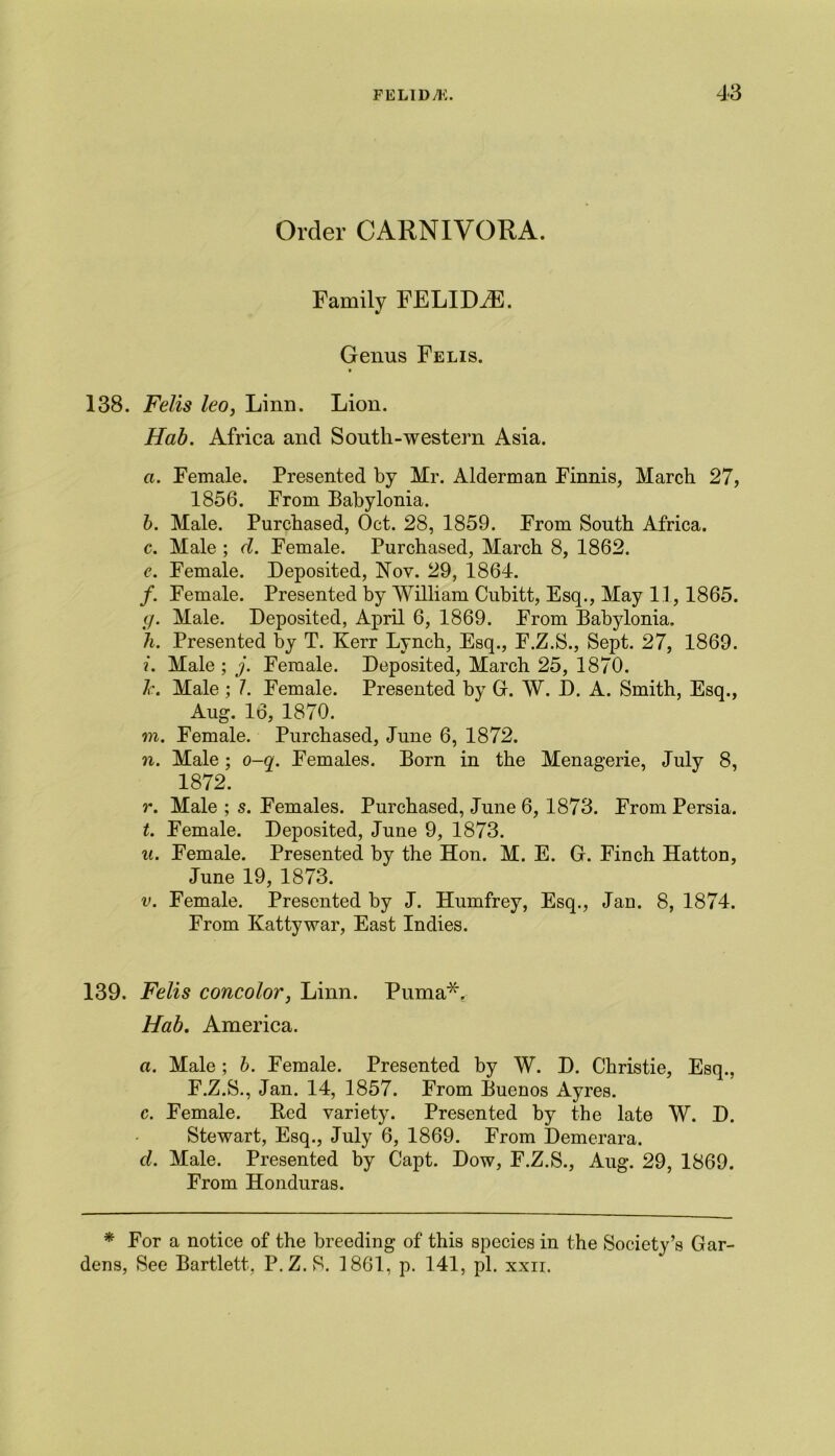 Order CARNIVORA. Family FELIDiE. Genus Felis. 138. Felis leo, Linn. Lion. Hab. Africa and South-western Asia. a. Female. Presented by Mr. Alderman Finnis, March 27, 1856. From Babylonia. b. Male. Purchased, Oct. 28, 1859. From South Africa. c. Male ; cl. Female. Purchased, March 8, 1862. e. Female. Deposited, Nov. 29, 1864. /. Female. Presented by William Cubitt, Esq., May 1.1,1865. g. Male. Deposited, April 6, 1869. From Babylonia. h. Presented by T. Kerr Lynch, Esq., F.Z.S., Sept. 27, 1869. i. Male ; j. Female. Deposited, March 25, 1870. l\ Male ; 7. Female. Presented by G. W. D. A. Smith, Esq., Aug. 16, 1870. m. Female. Purchased, June 6, 1872. n. Male; o-q. Females. Born in the Menagerie, July 8, 1872. r. Male ; s. Females. Purchased, June 6, 1873. From Persia. t. Female. Deposited, June 9, 1873. u. Female. Presented by the Hon. M. E. G. Finch Hatton, June 19, 1873. v. Female. Presented by J. Humfrey, Esq., Jan. 8, 1874. From Kattywar, East Indies. 139. Felis concolor, Linn. Puma*. Hab. America. a. Male; b. Female. Presented by W. D. Christie, Esq., F.Z.S., Jan. 14, 1857. From Buenos Ayres. c. Female. Red variety. Presented by the late W. D. Stewart, Esq., July 6, 1869. From Demerara. cl. Male. Presented by Capt. Dow, F.Z.S., Aug. 29, 1869. From Honduras. * For a notice of the breeding of this species in the Society’s Gar- dens, See Bartlett, P. Z. S. 1861, p. 141, pi. xxii.