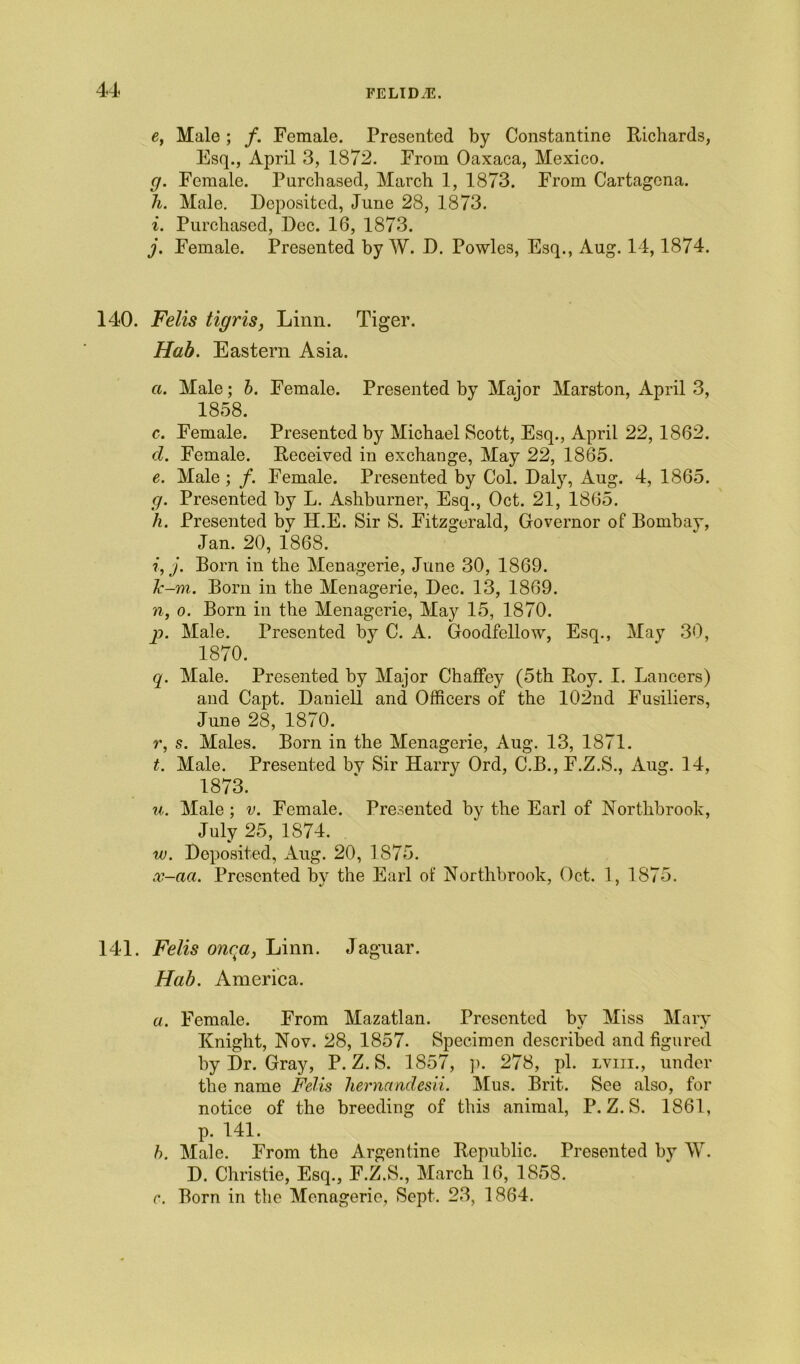 e, Male; /. Female. Presented by Constantine Richards, Esq., April 3, 1872. From Oaxaca, Mexico. g. Female. Purchased, March 1, 1873. From Cartagena. h. Male. Deposited, June 28, 1873. i. Purchased, Dec. 16, 1873. j. Female. Presented by W. D. Powles, Esq., Aug. 14,1874. 140. Felis tigris, Linn. Tiger. Hab. Eastern Asia. a. Male; b. Female. Presented by Major Marston, April 3, 1858. c. Female. Presented by Michael Scott, Esq., April 22, 1862. d. Female. Received in exchange, May 22, 1865. e. Male; f. Female. Presented by Col. Daly, Aug. 4, 1865. g. Presented by L. Ashburner, Esq., Oct. 21, 1865. h. Presented by H.E. Sir S. Fitzgerald, Governor of Bombay, Jan. 20, 1868. i. j. Born in the Menagerie, June 30, 1869. Jc-m. Born in the Menagerie, Dec. 13, 1869. n, o. Born in the Menagerie, May 15, 1870. p. Male. Presented by C. A. Goodfellow, Esq., May 30, 1870. q. Male. Presented by Major Chaffey (5th Roy. I. Lancers) and Capt. Daniell and Officers of the 102nd Fusiliers, June 28, 1870. r. s. Males. Born in the Menagerie, Aug. 13, 1871. t. Male. Presented by Sir Harry Ord, C.B.,F.Z.S., Aug. 14, 1873. u. Male ; v. Female. Presented by the Earl of Northbrook, July 25, 1874. w. Deposited, Aug. 20, 1875. x-aa. Presented by the Earl of Northbrook, Oct. 1, 1875. 141. Felis onca, Linn. Jaguar. Hab. America. a. Female. From Mazatlan. Presented by Miss Mary Knight, Nov. 28, 1857. Specimen described and figured by Dr. Gray, P. Z. S. 1857, p. 278, pi. lviji., under the name Felis Jiernandesii. Mus. Brit. See also, for notice of the breeding of this animal, P. Z. S. 1861, p. 141. b. Male. From the Argentine Republic. Presented by W. D. Christie, Esq., F.Z.S., March 16, 1858. c. Born in the Menagerie, Sept. 23, 1864.