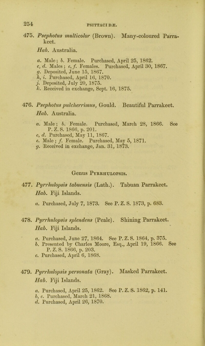 475. Psephotus multicolor (Brown). Many-coloured Parra- keet. Hcib. Australia. a. Male; b. Female. Purchased, April 25, 1862. c, cl. Males; e,f. Females. Purchased, April 30, 1867. cj. Deposited, June 15, 1867. h, i. Purchased, April 16, 1870. j. Deposited, July 20, 1875. Jc. Deceived in exchange, Sept. 16, 1875. 476. Psephotus pulcherrimus, Gould. Beautiful Parrakeet. Hab. Australia. a. Male; b. Female. Purchased, March 28, 1866. See P. Z. S. 1866, p. 201. c, d. Purchased, May 11, 1867. e. Male ; /. Female. Purchased, May 5, 1871. g. Deceived in exchange, Jan. 31, 1873. Genus Pyrrhulopsis. 477. Pyrrhulopsis tabuensis (Lath.). Tabuan Parrakeet. Hab. Fiji Islands. a. Purchased, July 7, 1873. See P. Z. S. 1873, p. 683. 478. Pyrrhulopsis splendens (Peale). Shining Parrakeet. Hab. Fiji Islands. a. Purchased, June 27, 1864. See P. Z. S. 1864, p. 375. b. Presented by Charles Moore, Esq., April 19, 1866. See P. Z. S. 1866, p. 203. c. Purchased, April 6, 1868. 479. Pyrrhulopsispersonata (Gray). Masked Parrakeet. Hab. Fiji Islands. a. Purchased, April 25, 1862. See P. Z. S. 1862, p. 141. b, c. Purchased, March 21, 1868. d. Purchased, April 26, 1870.