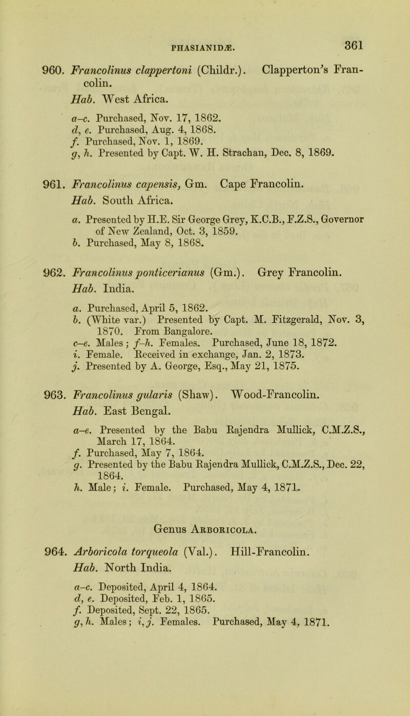 960. Francolinus clappertoni (Childr.). ClappertoWs Fran- colin. Hab. West Africa. ci-c. Purchased, Nov. 17, 1862. cl, e. Purchased, Aug. 4, 1868. /. Purchased, Nov. 1, 1869. g, h. Presented by Capt. W. H. Strachan, Dec. 8, 1869. 961. Francolinus capensis, Gm. Cape Francolin. Hab. South Africa. a. Presented by H.E. Sir George Grey, K.C.B., F.Z.S., Governor of New Zealand, Oct. 3, 1859. b. Purchased, May 8, 1868. 962. Francolinusponticerianus (Gm.). Grey Francolin. Hab. India. a. Purchased, April 5, 1862. b. (White var.) Presented by Capt. M. Fitzgerald, Nov. 3, 1870. From Bangalore. c-e. Males ; f-h. Females. Purchased, June 18, 1872. i. Female. Deceived in exchange, Jan. 2, 1873. j. Presented by A. George, Esq., May 21, 1875. 963. Francolinus gularis (Shaw). Wood-Francolin. Hab. East Bengal. a-e. Presented by the Babu Rajendra Mullick, C.M.Z.S., March 17, 1864. f. Purchased, May 7, 1864. g. Presented by the Babu Rajendra Mullick, C.M.Z.S., Dec. 22, 1864. h. Male; ?. Female. Purchased, May 4, 1871. Genus Arboricola. 964. Arboricola torqueola (Val.). Hill-Francolin. Hab. North India. ci-c. Deposited, April 4, 1864. cl, e. Deposited, Feb. 1, 1865. /. Deposited, Sept. 22, 1865. g,li. Males; i,j. Females. Purchased, May 4, 1871.