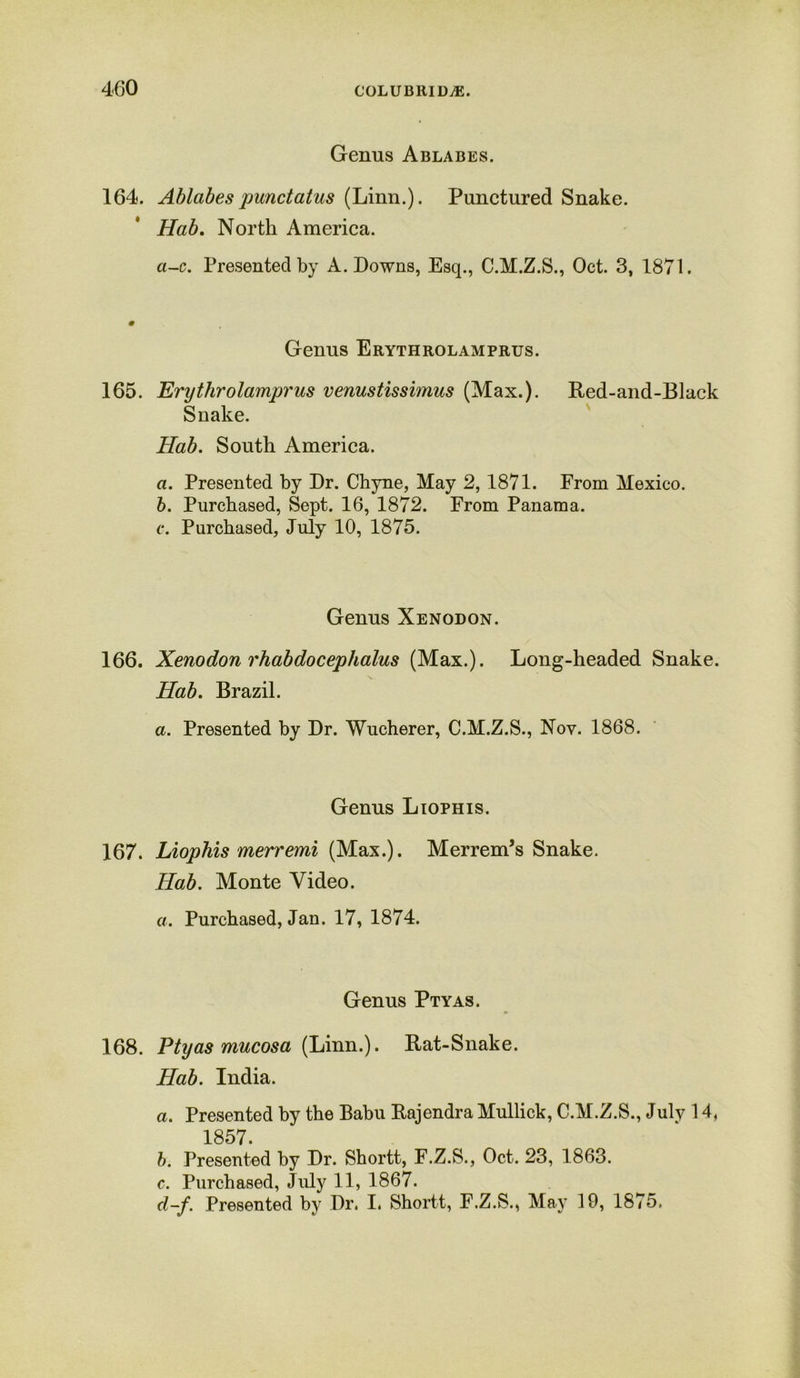 Genus Ablabes. 164. Ablabespunctatus (Linn.). Punctured Snake. Hab. North America. ci-c. Presented by A. Downs, Esq., C.M.Z.S., Oct. 3, 1871. Genus Erythrolamprus. 165. Erythrolamprus venustissimus (Max.). Red-and-Black Snake. Hab. South America. a. Presented by Dr. Chyne, May 2, 1871. From Mexico. b. Purchased, Sept. 16, 1872. From Panama. c. Purchased, July 10, 1875. Genus Xenodon. 166. Xenodon rhabdocephalus (Max.). Long-headed Snake. Hab. Brazil. a. Presented by Dr. Wucherer, C.M.Z.S., Nov. 1868. Genus Liophis. 167. Liophis merremi (Max.). Merrem’s Snake. Hab. Monte Video. a. Purchased, Jan. 17, 1874. Genus Ptyas. 168. Ptyas mucosa (Linn.). Rat-Snake. Hab. India. a. Presented by the Babu Rajendra Mullick, C.M.Z.S., July 14, 1857 b. Presented by Dr. Shortt, F.Z.S., Oct. 23, 1863. c. Purchased, July 11, 1867. d-f. Presented by Dr. I. Shortt, F.Z.S., May 19, 1875,