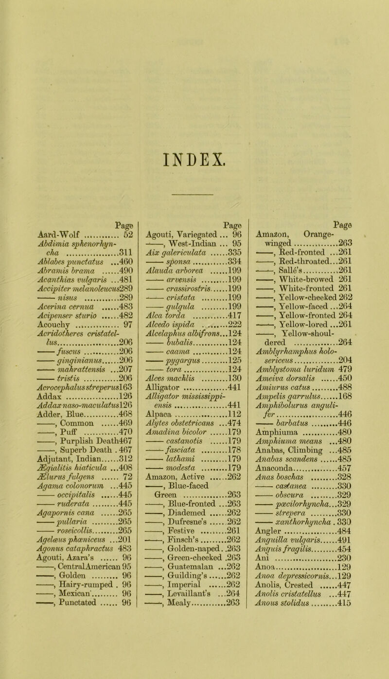 INDEX. Page Aard-Wolf 52 Abdimia sphenorhyn- cka 311 Ablabes punctatus .. .460 Abrcimis brama 490 Acanthias vulgaris ...481 Accipiter melanoleucus2dQ ■ nisus 289 Acerina cernua 483 Acipenser sturio 482 Acouchy 97 Acridotheres cristatel- lus 206 fuscus 206 ginginicinus 206 mahrattensis ...207 tristis 206 Acrocephalus streperusl 63 Addax 126 Addax n aso-maculatus 126 Adder, Blue 468 , Common 469 , Puff .....470 , Purplish Death467 Superb Death . 467 Adjutant, Indian 312 Mgialitis hiaticula ...408 JElurus fulgens 72 A[gama colonorum ... 445 occipitalis 445 ruderata 445 Agapornis cana 265 • pullaria 265 roseicollis 265 Agelceuspkoeniceus ...201 Agonus cataphractus 483 Agouti, Azara’s 96 , CentralAmerican 95 , Golden 96 , Hairy-rumped . 96 , Mexican' 96 , Punctated 96 Page Agouti, Variegated ... 96 , West-Indian ... 95 Aix galericulata 335 sponsa 334 Alauda arborea 199 —— arvensis 199 crassirostris 199 cristata .. 199 gulgula 199 Alca torda 417 Alcedo ispida 222 Alcelaphus albifrons... 124 bubalis 124 caama 124 pygargus 125 tor a 124 Alces machlis 130 Alligator 441 Alligator mississippi- ensis 441 Alpaca 112 Alytes obstetricans ...474 Amadina bicolor 179 castanotis 179 fasciata 178 lathami 179 modest a 179 Amazon, Active 262 , Blue-faced Green 263 , Blue-fronted ...263 , Diademed 262 , Dufresne’s 262 , Festive .........261 — , Finsch’s 262 , Golden-naped. .263 , Green-cheeked .263 , Guatemalan ...262 , Guilding’s 262 , Imperial 262 , Levaillant’s ...264 Mealy 263 Page Amazon, Orange- winged ., 263 , Red-fronted ...261 , Red-throated...261 —, Salles 261 ■, White-browed 261 •, White-fronted 261 , Yellow-cheeked 262 ■, Yellow-faced ...264 , Yellow-fronted 264 ——, Yellow-lored .. .261 , Yellow-shoul- dered .264 Amblyrhamphus holo sericeus .204 Amblystoma luridum 479 Ameiva dorsalis .450 Amiurus catus .488 Ampelis qarrulus .168 Amphiholurus anguli fer .446 barbcitus .446 Amphiuma .480 Amphiuma means .. .480 Anabas, Climbing .. .485 An abas scandens .485 Anaconda .457 Anas boschas .328 castanea .330 obscura .329 poecilorhyncha.. .329 strepera .330 xanthorhyncha . 330 Angler .484 Anguilla vulgaris .491 Anguis fragilis .454 Ani .230 Anoa .129 Anoa clepressicornis.. .129 Anolis, Crested .447 Anolis cristatellus .. .447 Anous stolidus .415