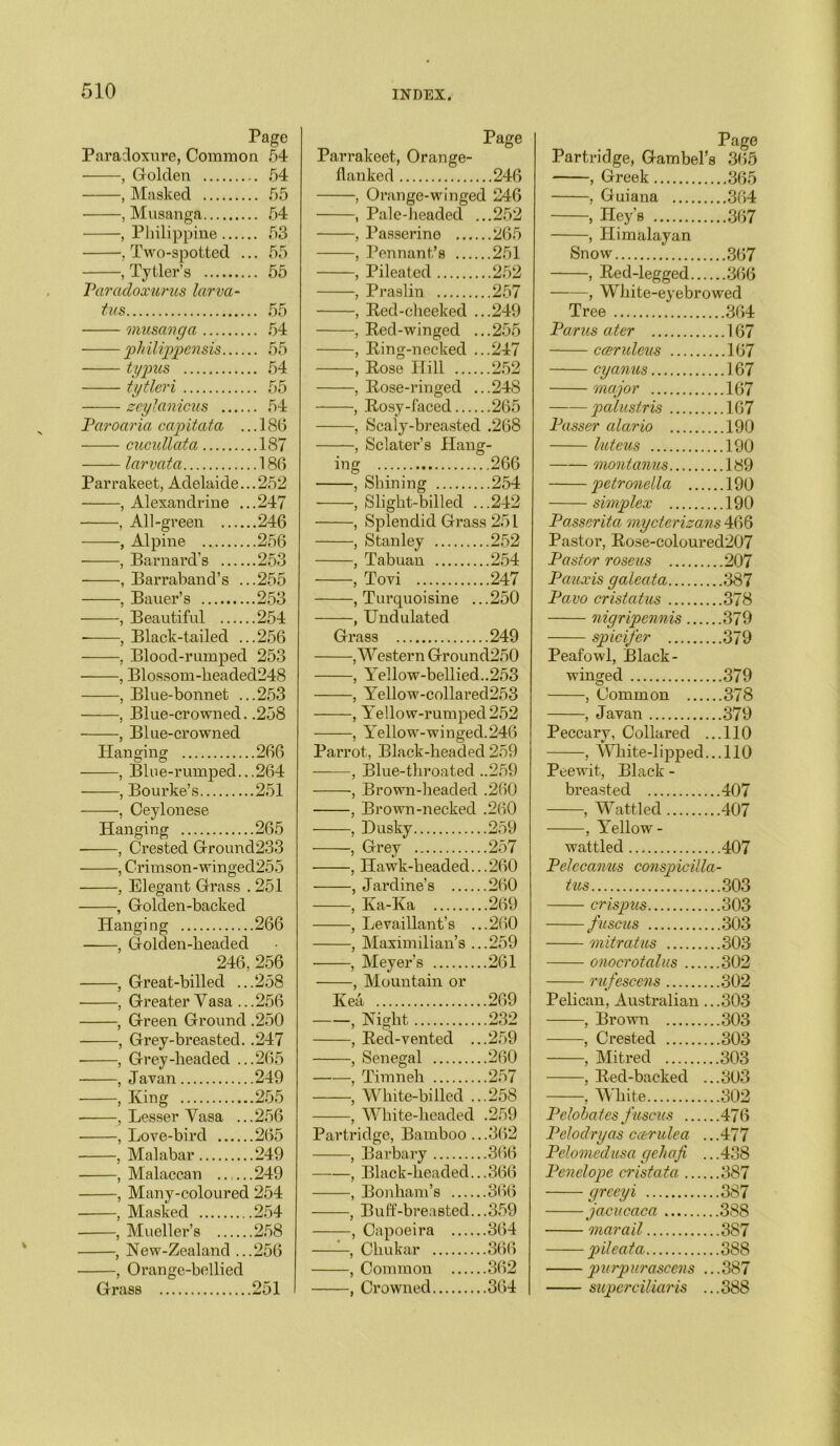 Page Paradoxure, Common 54 , Golden ... 54 , Masked 55 , Musanga 54 , Philippine 53 , Two-spotted ... 55 , Ty tier’s 55 Parcedoxurus larvce- tus 55 musanga 54 philippensis 55 typus 54 tytleri 55 zeylanicus 54 Paroceria capitata ... 186 cucullata 187 larvata 186 Parrakeet, Adelaide...252 , Alexandrine ...247 , All-green 246 , Alpine 256 , Barnard’s 253 , Barraband’s ...255 , Bauer’s 253 , Beautiful 254 ■ , Black-tailed ...256 ■, Blood-rumped 253 , Blossom-headed248 , Blue-bonnet ...253 —, Blue-crowned. .258 —, Blue-crowned Hanging 266 —, Blue-rumped...264 —, Bourke’s 251 —, Ceylonese Hanging 265 —, Crested Ground233 —, Crimson-winged255 —, Elegant Grass . 251 —, Golden-backed Hanging 266 —, Golden-beaded 246, 256 —, Great-billed ...258 —, Greater Vasa ...256 —, Green Ground .250 —, Grey-breasted. .247 —, Grey-headed ...265 —, Javan 249 —, King 255 —, Lesser Vasa ...256 —, Love-bird 265 —, Malabar 249 —, Malaccan 249 —, Many-coloured 254 —, Masked 254 —, Mueller’s 258 —, New-Zealand ...256 —, Orange-bellied Grass 251 Parrakeet, Orange- flanked 246 , Orange-winged 246 , Pale-headed ...252 , Passerine 265 , Pennant’s 251 , Pileated 252 , Praslin 257 , Red-cheeked ...249 , Red-winged ...255 , Ring-necked ...247 , Rose Hill 252 , Rose-ringed ...248 , Rosy-faced 265 , Scaly-breasted .268 , Sclater’s Hang- ing 266 , Shining 254 , Slight-billed ...242 , Splendid Grass 251 , Stanley 252 , Tabuan 254 , Tovi 247 , Turquoisine .. .250 , Undulated Grass 249 , Western Ground250 , Yellow-bellied..253 , Yellow-collared253 , Yellow-rumped252 , Yellow-winged.246 Parrot, Black-headed 259 ——, Blue-throated ..259 , Brown-headed .260 , Brown-necked .260 , Dusky 259 , Grey 257 ■ , Hawk-headed... 260 , Jai’dine’s 260 , Ka-Ka 269 , Levaillant’s ...260 , Maximilian’s ...259 , Meyer’s 261 , Mountain or Kea 269 , Night 232 , Red-vented ...259 , Senegal 260 , Timneh 257 , White-billed ...258 Partridge, Bamboo ...362 , Bai’bary 366 , Black-headed... 366 , Bonham’s 366 , Buff-breasted...359 , Capoeira 364 , Chukar 366 , Common 362 , Crowned 364 Page Partridge, Gambel’s 365 , Greek 365 , Guiana 364 , Hey's 367 , Himalayan Snow 367 , Red-legged 366 , White-eyebrowed Tree 364 Parus ater 167 car ulcus 167 cy antes 167 major ... 167 palustris 167 Passer alario 190 luteus 190 mont antes 189 petronella 190 simplex 190 Passerita mycterizans 466 Pastor, Rose-coloured207 Pastor rosetes 207 Pauxis galeata 387 Pavo cristatus 378 nigripennis 379 spicifer 379 Peafowl, Black- winged 379 , Common 378 , Javan 379 Peccary, Collared ...110 , White-lipped... 110 Peewit, Black - breasted 407 , Wattled 407 , Yellow - wattled 407 Pelccanus conspicilla- tus 303 crispus 303 fuscus 303 mitrattes 303 onocrotalus 302 rufescens 302 Pelican, Australian ...303 , Brown 303 , Crested 303 , Mitred 303 , Red-backed ...303 , White 302 Pelobates fuscus 476 Pelodryas ccerulea ...477 Pelomedtesa gehafi .. .438 Penelope cristata 387 grceyi 387 jacucaca 388 mar ail 387 pileata 388 purpurascens ...387 supcrciliaris ...388