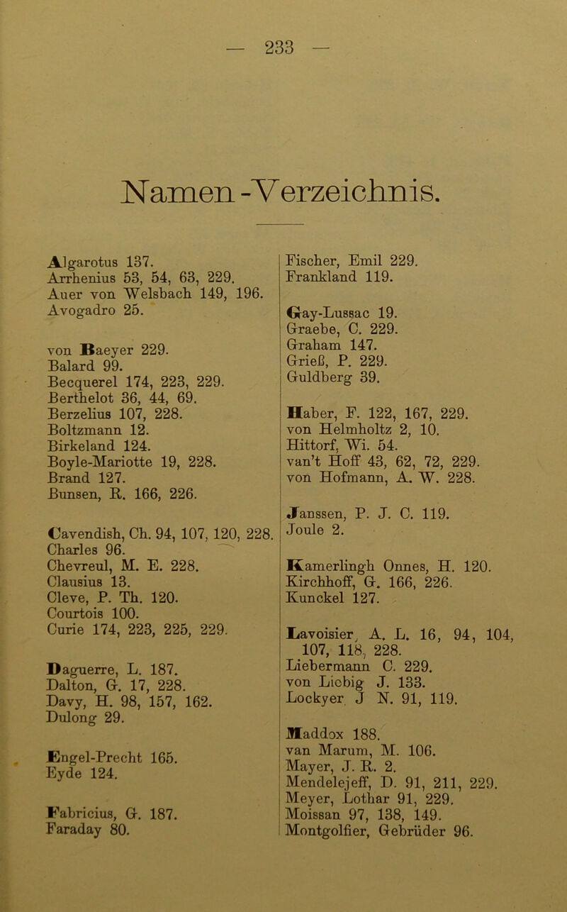 Namen -V erzeichnis. Algarotus 137. Arrhenius 53, 54, 63, 229. Auer von Welsbach 149, 196. Avogadro 25. von Baeyer 229. Balard 99. Becquerel 174, 223, 229. Berthelot 36, 44, 69. Berzelius 107, 228. Boltzmann 12. Birkeland 124. Boyle-Mariotte 19, 228. Brand 127. Bunsen, R. 166, 226. Cavendish, Ch. 94, 107,120, 228. Charles 96. Chevreul, M, E. 228. Clausius 13. Cleve, P. Th. 120. Courtois 100. Curie 174, 223, 225, 229. Daguerre, L. 187. Dalton, G, 17, 228. Davy, H. 98, 157, 162. Dulong 29. JEugel-Precht 165. Eyde 124. Fahricius, G. 187. Faraday 80. Fischer, Emil 229. Frankland 119. Oay-Lussac 19. Graebe, C. 229. Graham 147. Grieß, P. 229. Guldberg 39. Haber, F. 122, 167, 229. von Helmholtz 2, 10. Hittorf, Wi. 54. van’t Hoff 43, 62, 72, 229. von Hofmann, A. W. 228. Janssen, P. J. C. 119. Joule 2. Kamerlingh Onnes, H. 120. Xirchhoff, G. 166, 226. Kunckel 127. liavoisier, A. L. 16, 94, 104, 107, 118, 228. Liebermann C. 229. [ von Liobig J. 133. I Lockyer J N. 91, 119. : Maddox 188. I van Marum, M. 106. 1 Mayer, J. R. 2. I Mendelejeff, D. 91, 211, 229. Meyer, Lothar 91, 229. Moissan 97, 138, 149. i Montgolfier, Gebrüder 96.