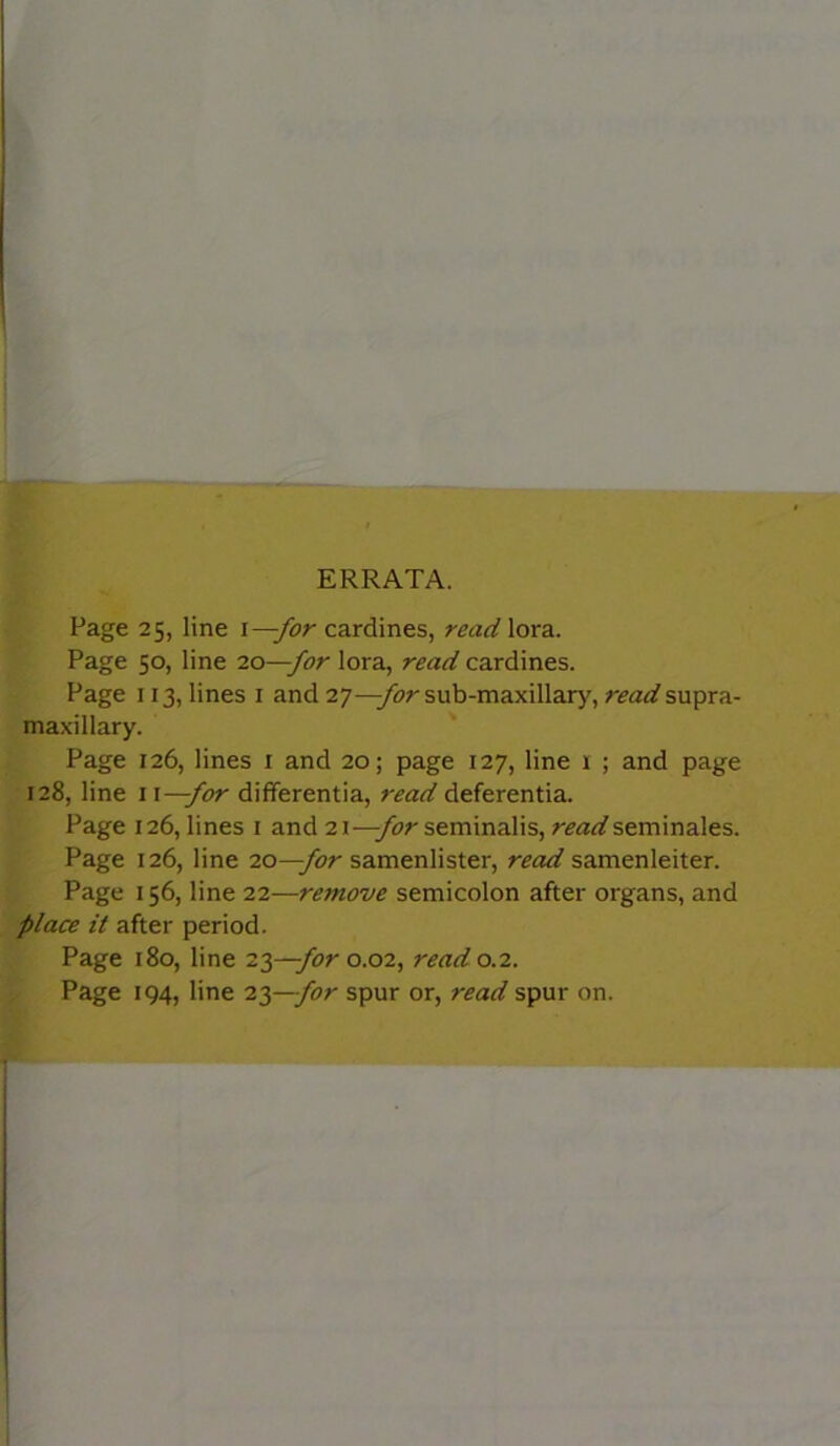 ERRATA. Page 25, line 1 —for cardines, read lora. Page 50, line 20—for lora, read cardines. Page 113, lines 1 and 27—-for sub-maxillary, read supra- maxillary. Page 126, lines 1 and 20; page 127, line x ; and page 128, line 11—for differentia, read deferentia. Page 126, lines 1 and 21—-for seminalis, rax^seminales. Page 126, line 20—-for samenlister, read samenleiter. Page 156, line 22—remove semicolon after organs, and place it after period. Page 180, line 23—-for 0.02, read 0.2. Page 194, line 23 —for spur or, read spur on.