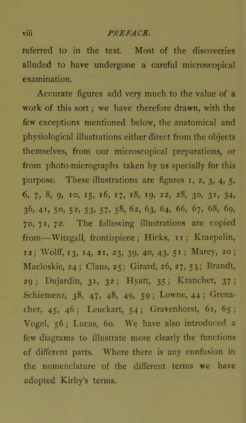 referred to in the text. Most of the discoveries alluded to have undergone a careful microscopical examination. Accurate figures add very much to the value of a work of this sort; we have therefore drawn, with the few exceptions mentioned below, the anatomical and physiological illustrations either direct from the objects themselves, from our microscopical preparations, or from photo-micrographs taken by us specially for this purpose. These illustrations are figures i, 2, 3, 4, 5, 6, 7, 8, 9, 10, 15, 16, 17, 18, 19, 22, 28, 30, 31, 34, 36, 4b 5°. 52> 53> 57) 58> 62> 63) 64, 66, 67, 68, 69, 70, 71, 72. The following illustrations are copied from—Witzgall, frontispiece; Hicks, n; Kraepelin, 12; Wolff, 13, 14, 21, 23, 39, 40, 43, 51; Marey, 20; Macloskie, 24; Claus, 25; Girard, 26, 27, 53; Brandt, 29; Dujardin, 31, 32; Hyatt, 35; Krancher, 37; Schiemenz, 38, 47, 48, 49, 59; Lowne, 44; Grena- dier, 45, 46; Leuckart, 54; Gravenhorst, 61, 65; Vogel, 56; Lucas, 60. We have also introduced a few diagrams to illustrate more clearly the functions of different parts. Where there is any confusion in the nomenclature of the different terms we have adopted Kirby’s terms.