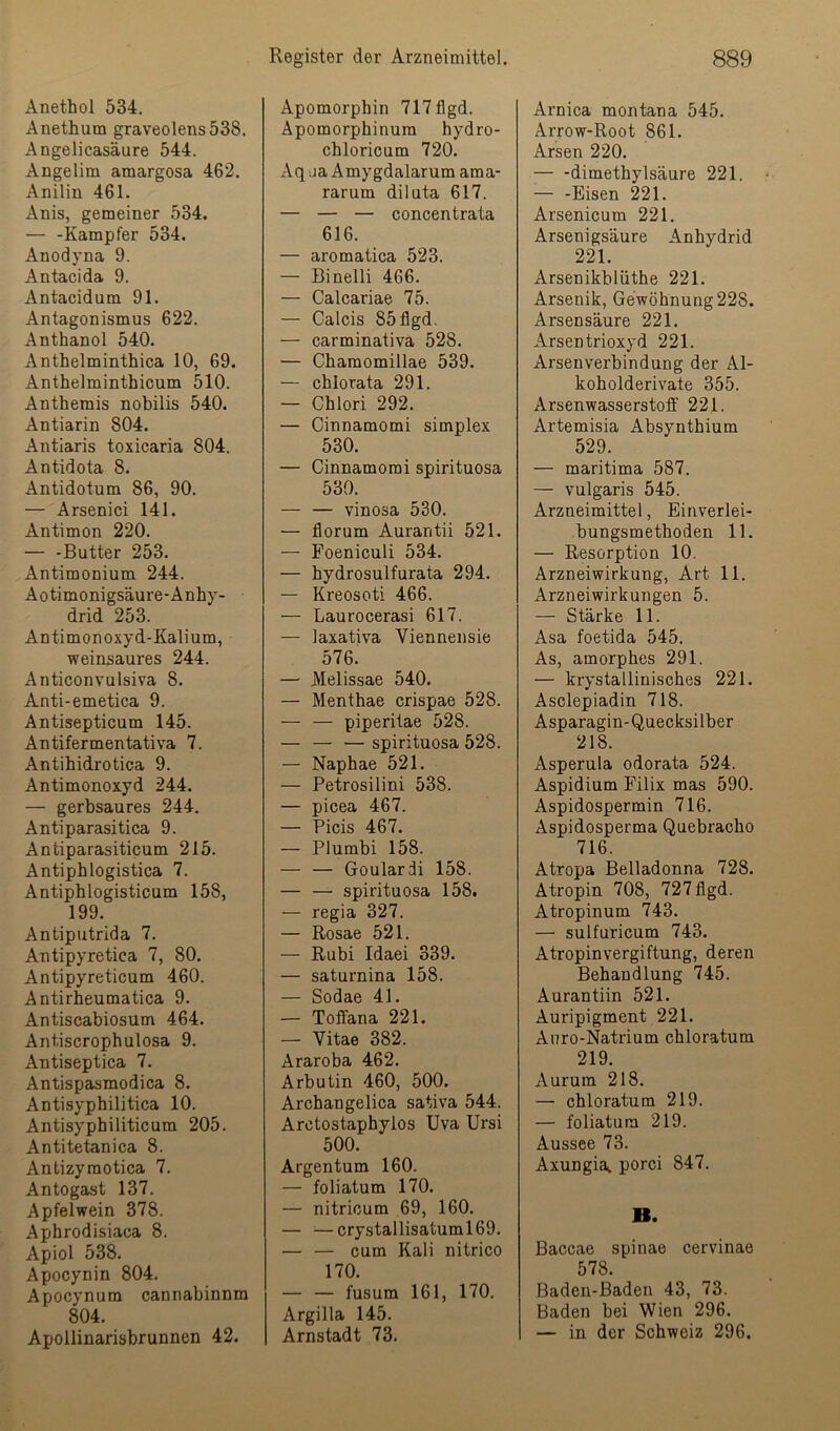 Anethol 534. Anethum graveolens538. Angelicasäure 544. Angelim amargosa 462. Anilin 461. Anis, gemeiner 534. — -Kampfer 534. Anodyna 9. Antacida 9. Antacidum 91. Antagonismus 622. Anthanol 540. Anthelminthica 10, 69. Anthelminthicum 510. Anthemis nobilis 540. Antiarin 804. Antiaris toxicaria 804. Antidota 8. Antidotum 86, 90. — Arsenici 141. Antimon 220. — -Butter 253. Antimonium 244. Aotimonigsäure-Anhy- drid 253. Antimonoxyd-Kalium, weinsaures 244. Anticonvulsiva 8. Anti-emetica 9. Antisepticum 145. Antifermentativa 7. Antihidrotica 9. Antimonoxyd 244. — gerbsaures 244. Antiparasitica 9. Antiparasiticum 215. Antiphlogistica 7. Antiphlogisticum 158, 199. Antiputrida 7. Antipyretica 7, 80. Antipyreticum 460. Antirheumatica 9. Antiscabiosum 464. Antiscrophulosa 9. Antiseptica 7. Antispasmodica 8. Antisyphilitica 10. Antisyphiliticum 205. Antitetanica 8. Antizyraotica 7. Antogast 137. Apfelwein 378. Aphrodisiaca 8. Apiol 538. Apocynin 804. Apocynum cannabinnm 804. Apollinarisbrunnen 42. Apomorphin 717flgd. Äpomorphinura hydro- chloricum 720. Aq aa Amygdalarum ama- rarum diluta 617. — — — concentrata 616. — aromatica 523. — Binelli 466. — Calcariae 75. — Calcis 85flgd. — carminativa 528. — Charaomillae 539. — chlorata 291. — Chlori 292. — Cinnamomi simplex 530. — Cinnamomi spirituosa 530. — — vinosa 530. — florum Aurantii 521. — Foeniculi 534. — hydrosulfurata 294. — Kreosot! 466. — Laurocerasi 617. — laxativa Viennensie 576. — Melissae 540. — Menthae crispae 528. — — piperitae 528. — — — spirituosa 528. — Naphae 521. — Petrosilini 538. — picea 467. — Picis 467. — Plumbi 158. — — Goulardi 158. — — spirituosa 158. — regia 327. — Rosae 521. — Rubi Idaei 339. — saturnina 158. — Sodae 41. — Tofifana 221. — Vitae 382. Araroba 462. Arbutin 460, 500. Archangelica sativa 544. Arctostaphylos Uva Ursi 500. Argentum 160. — foliatum 170. — nitricum 69, 160. — ^—crystallisatuml69. — — cum Kali nitrico 170. — — fusum 161, 170. Argilla 145. Arnstadt 73. Arnica montana 545. Arrow-Root 861. Arsen 220. — -dimethylsäure 221. — -Eisen 221. Arsenicum 221. Arsenigsäure Anhydrid 221. Arsenikblüthe 221. Arsenik, Gewöhnung 228. Arsensäure 221. Arsentrioxyd 221. Arsenverbindung der Al- koholderivate 355. Arsenwasserstoff 221. Artemisia Absynthium 529. — maritima 587. — vulgaris 545. Arzneimittel, Einverlei- bungsmethoden 11. — Resorption 10. Arzneiwirkung, Art 11. Arzneiwirkungen 5. — Stärke 11. Asa foetida 545. As, amorphes 291. — krystallinisches 221. Asclepiadin 718. Asparagin-Quecksilber 218. Asperula odorata 524. Aspidium Filix mas 590. Aspidospermin 716. Aspidosperma Quebracho 716. Atropa Belladonna 728. Atropin 708, 727flgd. Atropinum 743. — sulfuricum 743. Atropinvergiftung, deren Behandlung 745. Aurantiin 521. Auripigment 221. Auro-Natrium chloratum 219. Aurum 218. — chloratum 219. — foliatum 219. Aussee 73. Axungia^ porci 847. B. Baccae spinae cervinae 578. Baden-Baden 43, 73. Baden bei Wien 296. — in der Schweiz 296.