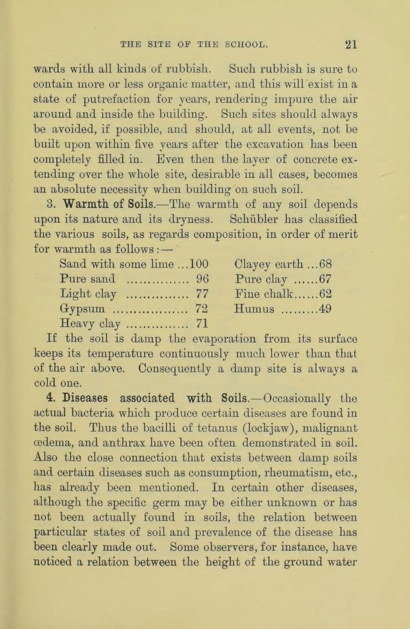 wards with all kinds of rubbish. Such rubbish is sure to contain more or less organic matter, and this will exist in a state of putrefaction for years, rendering impure the air around and inside the building. Such sites should always be avoided, if possible, and should, at all events, not be built upon within five years after the excavation has been completely filled in. Even then the layer of concrete ex- tending over the whole site, desirable in all cases, becomes an absolute necessity when building on such soil. 3. Warmth of Soils.—The warmth of any soil depends upon its nature and its dryness. Schiibler has classified the various soils, as regards composition, in order of merit for warmth as follows :— Sand with some lime . ..100 Clayey earth . ..68 Pure sand .. 96 Pure clay .... ..67 Light clay .. 77 Fine chalk ..62 G-ypsum .. 72 Humus ..49 Heavy clay .. 71 If the soil is damp the evaporation from its surface keeps its temperature continuously much lower than that of the air above. Consequently a damp site is always a cold one. 4. Diseases associated with Soils.—Occasionally the actual bacteria which produce certain diseases are found in the soil. Thus the bacilli of tetanus (lockjaw), malignant oedema, and anthrax have been often demonstrated in soil. Also the close connection that exists between damp soils and certain diseases such as consumption, rheumatism, etc., has already been mentioned. In certain other diseases, although the specific germ may be either unknown or has not been actually found in soils, the relation between particular states of soil and prevalence of the disease has been clearly made out. Some observers, for instance, have noticed a relation between the height of the ground water