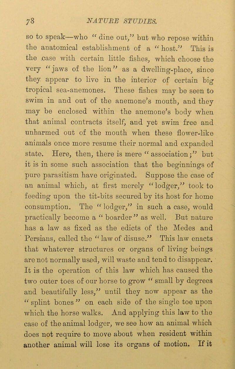 so to speak—who “ dine out/* but who repose within the anatomical establishment of a “ host.’* This is the .case with certain little fishes, which choose the very “jaws of the lion” as a dwelling-place, since they appear to live in the interior of certain big tropical sea-anemones. These fishes may be seen to swim in and out of the anemone’s mouth, and they may be enclosed within the anemone’s body when that animal contracts itself, and yet swim free and unharmed out of the mouth when these flower-like animals once more resume their normal and expanded state. Here, then, there is mere “association;” but it is in some such association that the beginnings of pure parasitism have originated. Suppose the case of an animal which, at first merely “lodger,” took to feeding upon the tit-bits secured by its host for home consumption. The “ lodger,” in such a case, would practically become a “ boarder” as well. But nature has a law as fixed as the edicts of the Medes and Persians, called the “law of disuse.” This law enacts that whatever structures or organs of living beings are not normally used, will waste and tend to disappear. It is the operation of this law which has caused the two outer toes of our horse to grow “ small by degrees and beautifully less,” until they now appear as the “ splint bones ” on each side of the single toe upon which the horse walks. And applying this law to the case of the animal lodger, we see how an animal which does not require to move about when resident within another animal will lose its organs of motion. If it