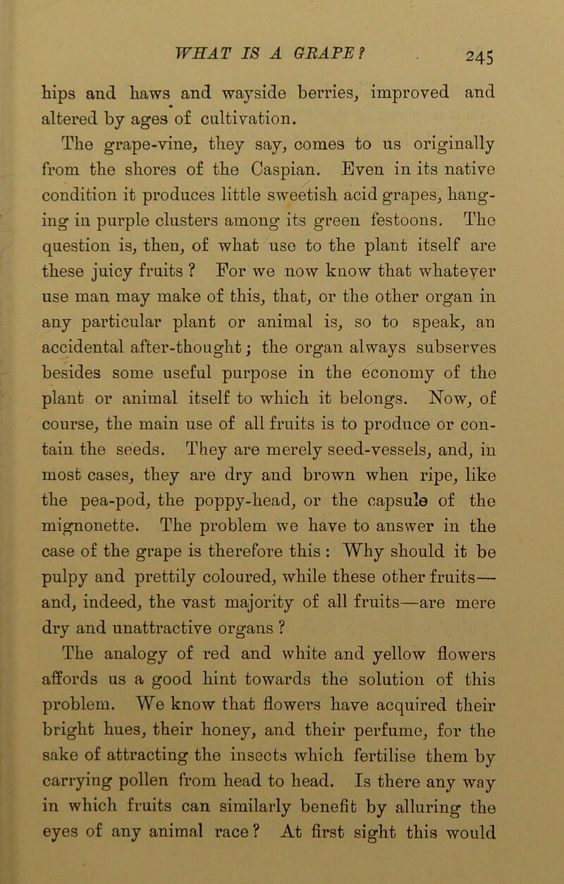 hips and haws and wayside berries, improved and altered by ages of cultivation. The grape-vine, they say, comes to us originally from the shores of the Caspian. Even in its native condition it produces little sweetish acid grapes, hang- ing in purple clusters among its green festoons. The question is, then, of what use to the plant itself are these juicy fruits ? For we now know that whatever use man may make of this, that, or the other organ in any particular plant or animal is, so to speak, an accidental after-thouglit; the organ always subserves besides some useful pimpose in the economy of the plant or animal itself to which it belongs. Now, of course, the main use of all fruits is to produce or con- tain the seeds. They are merely seed-vessels, and, in most cases, they are dry and brown when ripe, like the pea-pod, the poppy-head, or the capsule of the mignonette. The problem we have to answer in the case of the grape is therefore this : Why should it be pulpy and prettily coloured, while these other fruits— and, indeed, the vast majority of all fruits—are mere dry and unattractive organs ? The analogy of red and white and yellow flowers affords us a good hint towards the solution of this problem. We know that flowers have acquired their bright hues, their honey, and their perfume, for the sake of attracting the insects which fertilise them by carrying pollen from head to head. Is there any way in which fruits can similarly benefit by alluring the eyes of any animal race? At first sight this would