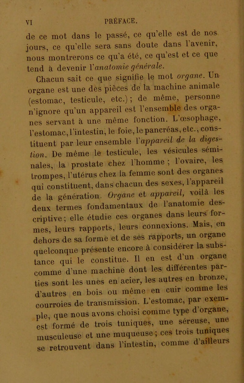 de ce mot dans le passé, ce qu’elle est de nos jours, ce qu’elle sera sans doute dans 1 avenir, nous montrerons ce qu’a été, ce qu est et ce que tend à devenir Vanatomie générale. Chacun sait ce que signifie le mol organe. Un organe est une des pièces de la machine animale (estomac, testicule, etc.) ; de même, personne n’ignore qu’un appareil est l’ensemble des orga- nes servant à une même fonction. L’œsophage, l’estomac, l’intestin, le foie, le pancréas, etc., cons- tituent par leur ensemble l'appareil de la diges- tion. De même le testicule, les vésicules sémi- nales, la prostate chez l’homme ; l’ovaire, les trompes, l’utérus chez la femme sont des organes qui constituent, dans chacun des sexes, l’apparei de la génération. Organe et appareil, voilà es deux termes fondamentaux de l’anatomie des- criptive ; elle étudie ces organes dans leurs for- mes, leurs rapports, leurs connexions. Mais, en dehors de sa forme et de ses rapports, un organe quelconque présente encore à considérer la subs- tance qui le constitue. Il en est d’un organe comme d’une machine dont les differentes par- ties sont les unes en acier, les autres en bronze, d’autres en bois ou même en cuir comme les courroies de transmission. L’estomac, par exem- nle que nous avons choisi comme type d’organe, esl formé de trois tuniques, une séreuse, une musculeuse et une muqueuse ; ces se retrouvent dans l'intestin, comme d ailleurs