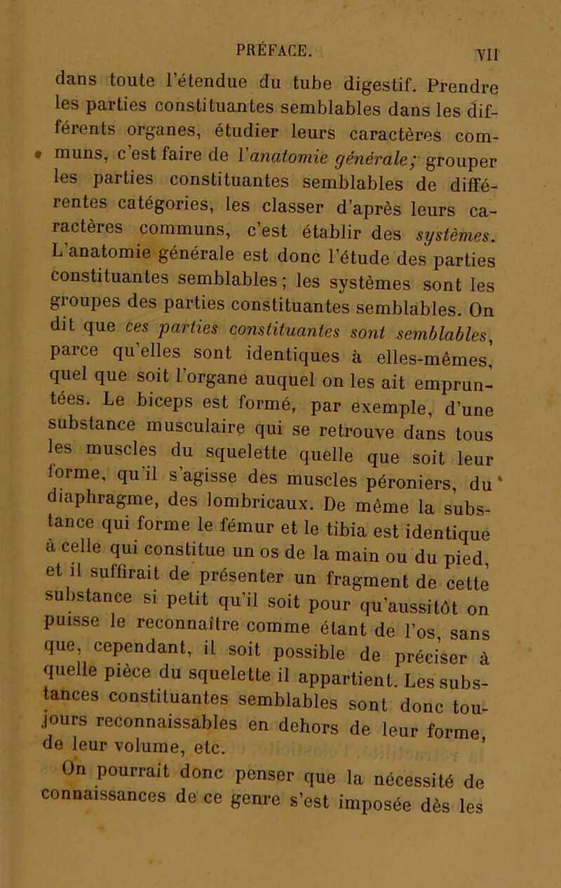 dans toute l’étendue du tube digestif. Prendre les parties constituantes semblables dans les dif- férents organes, étudier leurs caractères com- 0 muns, c est faire de 1 cmütoniis Qénévalcgrouper les parties constituantes semblables de diffé- rentes catégories, les classer d’après leurs ca- ractères communs, c’est établir des systèmes. L’anatomie générale est donc l’étude des parties constituantes semblables ; les systèmes sont les groupes des parties constituantes semblables. On dit que ces parties constituantes sont semblables, parce qu’elles sont identiques à elles-mêmes,’ quel que soit l’organe auquel on les ait emprun- tées. Le biceps est formé, par exemple, d’une substance musculaire qui se retrouve dans tous les muscles du squelette quelle que soit leur forme, qu’il s’agisse des muscles péroniers, du ‘ diaphragme, des lombricaux. De même la subs- tance qui forme le fémur et le tibia est identique a celle qui constitue un os de la main ou du pied, et 11 suffirait de présenter un fragment de cette substance si petit qu’il soit pour qu’aussitôt on puisse le reconnaître comme étant de l’os sans que, cependant, il soit possible de préciser à quelle pièce du squelette il appartient. Les subs- tances constituantes semblables sont donc tou- .lours reconnaissables en dehors de leur forme de leur volume, etc. On pourrait donc penser que la nécessité de connaissances de ce genre s’est imposée dès les