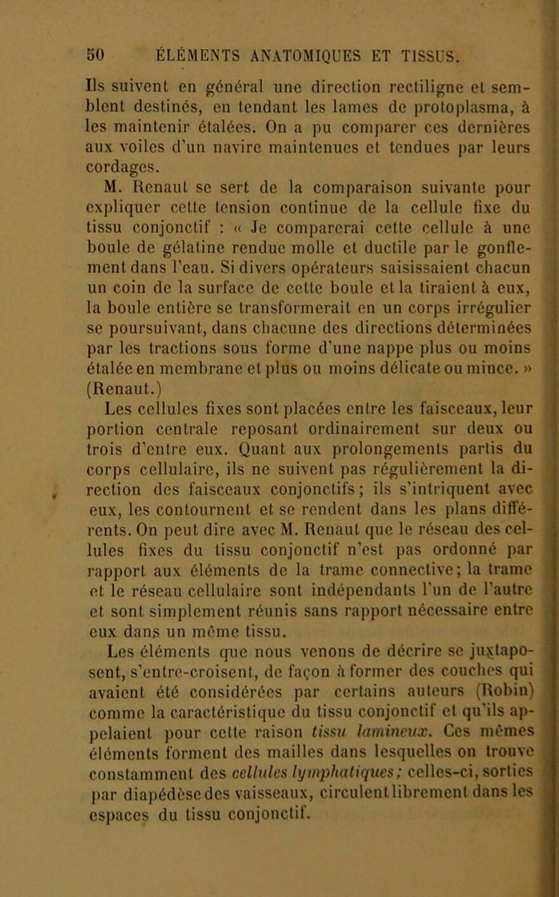 Ils suivent en général une direction rectiligne et sem- blent destinés, en tendant les lames de protoplasma, à les maintenir étalées. On a pu comparer ces dernières aux voiles d’un navire maintenues et tendues par leurs j cordages. j M. Renaut se sert de la comparaison suivante pour | expliquer cette tension continue de la cellule fixe du î tissu conjonctif : « Je comparerai celte cellule à une ' boule de gélatine rendue molle et ductile par le gonfle- j ment dans l’eau. Si divers opérateurs saisissaient chacun un coin de la surface de cette boule et la tiraient à eux, la boule entière se transformerait en un corps irrégulier se poursuivant, dans chacune des directions déterminées par les tractions sous forme d’une nappe plus ou moins ! étalée en membrane et plus ou moins délicate ou mince. » (Renaut.) Les cellules fixes sont placées entre les faisceaux, leur portion centrale reposant ordinairement sur deux ou trois d’entre eux. Quant aux prolongements partis du corps cellulaire, ils ne suivent pas régulièrement la di- rection des faisceaux conjonctifs ; ils s’intriquent avec eux, les contournent et se rendent dans les plans diffé- rents. On peut dire avec M. Renaut que le réseau des cel- • Iules fixes du tissu conjonctif n’est pas ordonné par rapport aux éléments de la trame connective; la trame ^ et le réseau cellulaire sont indépendants l’un de l’autre et sont simplement réunis sans rapport nécessaire entre eux dans un môme tissu. Les éléments que nous venons de décrire se ju^itapo- sent, s’entre-croisent, de façon à former des couches qui avaient été considérées par certains auteurs (Robin) comme la caractéristique du tissu conjonctif cl qu’ils ap- pelaient pour cette raison tissu lamineux. Ces mêmes éléments forment des mailles dans lesquelles on trouve constamment des cellules lymphatiques; celles-ci, sorties par diapédèse des vaisseaux, circulent librement dans les espaces du tissu conjonctif.