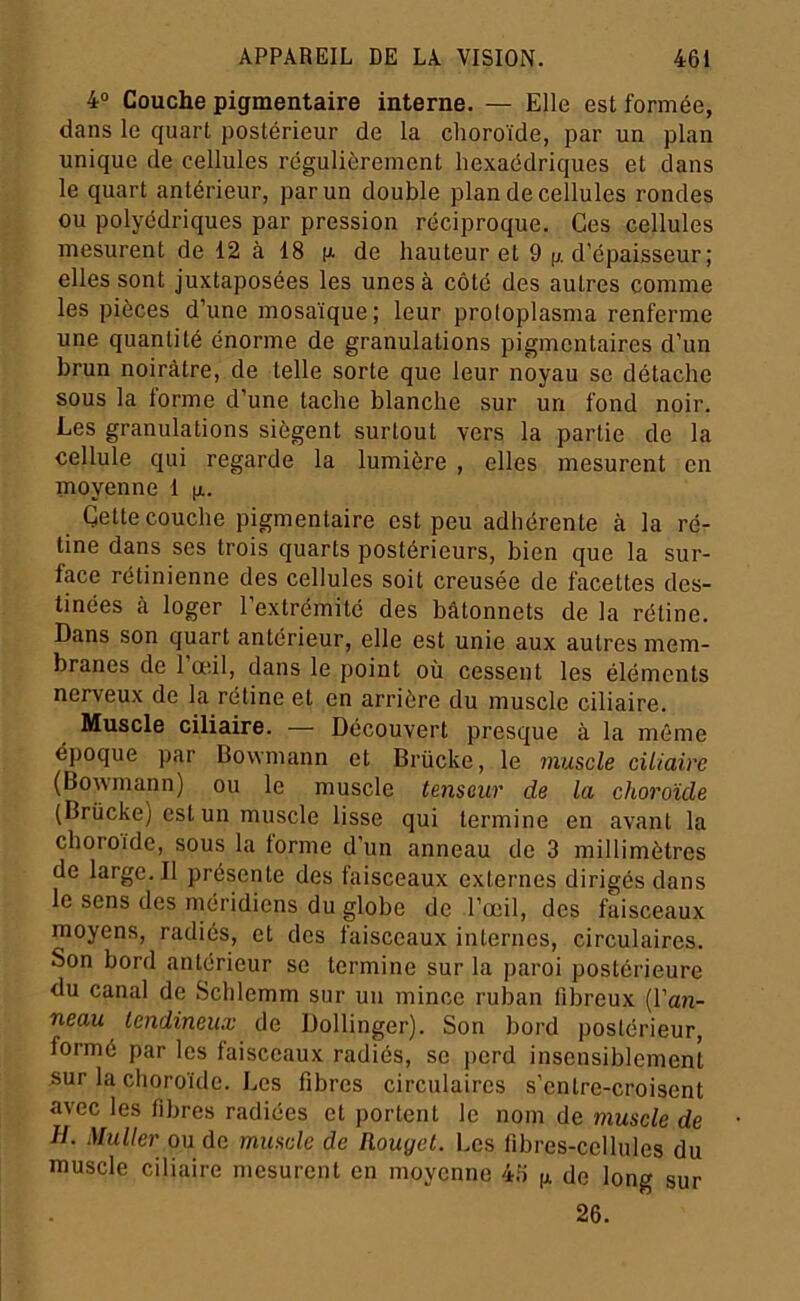 4“ Couche pigmentaire interne. — Elle est formée, dans le quart postérieur de la choroïde, par un plan unique de cellules régulièrement hexaédriques et dans le quart antérieur, par un double plan de cellules rondes ou polyédriques par pression réciproque. Ces cellules mesurent de 12 à 18 n de hauteur et 9 (j. d’épaisseur ; elles sont juxtaposées les unes à côté des autres comme les pièces d’une mosaïque; leur proloplasma renferme une quantité énorme de granulations pigmentaires d’un brun noirâtre, de telle sorte que leur noyau se détache sous la lorme d’une tache blanche sur un fond noir. Les granulations siègent surtout vers la partie de la cellule qui regarde la lumière , elles mesurent en moyenne 1 n. Cette couche pigmentaire est peu adhérente à la ré- tine dans ses trois quarts postérieurs, bien que la sur- face rétinienne des cellules soit creusée de facettes des- tinées à loger l’extrémité des bâtonnets de la rétine. Dans son quart antérieur, elle est unie aux autres mem- branes de 1 œil, dans le point où cessent les éléments nerveux de la rétine et en arrière du muscle ciliaire. Muscle ciliaire. — Découvert presque à la même époque par Bowmann et Brücke, le musc/e cUiairc (Bowmann) ou le muscle tenseur de la choroïde (Brücke) est un muscle lisse qui termine en avant la choroïde, sous la lorme d’un anneau de 3 millimètres de large. Il présente des faisceaux externes dirigés dans le sens des méridiens du globe de l’œil, des faisceaux moyens, radiés, et des faisceaux internes, circulaires. Son bord antérieur se termine sur la paroi postérieure du canal de Schlemm sur un mince ruban fibreux (l’an- neau tendineux de Dollinger). Son bord postérieur, formé par les faisceaux radiés, se perd insensiblement sur la choroïde. Les fibres circulaires s’entre-croisent avec les fibres radiées et portent le nom de muscle de H. Muller ou de muscle de Rouget. Les libres-ccllules du muscle ciliaire mesurent en moyenne 4.S [a de long sur 26.