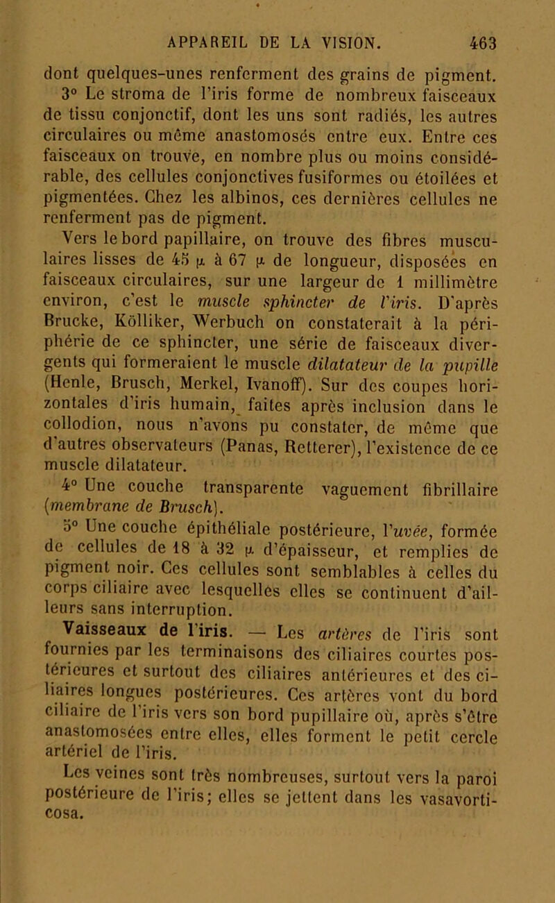 dont quelques-unes renferment des grains de pigment. 3“ Le stroma de l’iris forme de nombreux faisceaux de tissu conjonctif, dont les uns sont radiés, les autres circulaires ou môme anastomosés entre eux. Entre ces faisceaux on trouve, en nombre plus ou moins considé- rable, des cellules conjonctives fusiformes ou étoilées et pigmentées. Chez les albinos, ces dernières cellules ne renferment pas de pigment. Vers le bord papillaire, on trouve des fibres muscu- laires lisses de 4.6 jj. à 67 [a de longueur, disposées en faisceaux circulaires, sur une largeur de 1 millimètre environ, c’est le muscle sphincter de Viris. D'après Brucke, Kôlliker, Werbuch on constaterait à la péri- phérie de ce sphincter, une série de faisceaux diver- gents qui formeraient le muscle dilatateur de la pupille (Henle, Brusch, Merkel, Ivanoff). Sur des coupes hori- zontales d’iris humain, faites après inclusion dans le collodion, nous n’avons pu constater, de môme que d autres observateurs (Panas, Retterer), l’existence de ce muscle dilatateur. 4° Une couche transparente vaguement fibrillaire (membrane de Brusch], 0° Une couche épithéliale postérieure, Vuvée, formée de cellules de 18 à 32 n d’épaisseur, et remplies de pigment noir. Ces cellules sont semblables à celles du corps ciliaire avec lesquelles elles se continuent d’ail- leurs sans interruption. Vaisseaux de l’iris. — Les artères de l’iris sont fournies par les terminaisons des ciliaires courtes pos- térieures et surtout des ciliaires antérieures et des ci- liaires longues postérieures. Ces artères vont du bord ciliaire de l’iris vers son bord pupillaire où, après s’ôtre anastomosées entre elles, elles forment le petit cercle artériel de l’iris. Les veines sont très nombreuses, surtout vers la paroi postérieure de l’iris; elles se jettent dans les vasavorti- cosa.