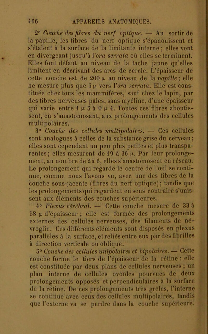 2® Couche des fibres du nerf optique. — Au sortir de la papille, les fibres du nerf optique s’épanouissent et s’étalent à la surface de la limitante interne ; elles vont en divergeant jusqu’à Vont serrata où elles se terminent. Elles font défaut au niveau de la tache jaune qu’elles limitent en décrivant des arcs de cercle. L’épaisseur de cette couche est de 200 (x au niveau de la papille ; elle ne mesure plus que 5 [x vers l’om seiruta. Elle est cons- tituée chez tous les mammifères, sauf chez le lapin, par des fibres nerveuses pâles, sans myéline, d’une épaisseur qui varie entre 1 3 à 0 (a 4. Toutes ces fibres aboutis- sent, en s’anastomosant, aux prolongements des cellules multipolaires. 3® Couche des cellules multipolaires. — Ces cellules sont analogues à celles de la substance grise du cerveau ; elles sont cependant un peu plus petites et plus transpa- rentes; elles mesurent de 19 à 36 ia. Par leur prolonge- ment, au nombre de 2 à 6, elles s’anastomosent en réseau. Le prolongement qui regarde le centre de l’œil se conti- nue, comme nous l’avons vu, avec une des fibres de la couche sous-jacente (fibres du nerf optique); tandis que les prolongements qui regardent en sens contraire s'unis- sent aux éléments des couches supérieures. 4® Plexus cérébral. — Cette couche mesure de 33 à 38 (A d’épaisseur ; elle est formée des prolongements externes des cellules nerveuses, des filaments de né- vroglie. Ces différents éléments sont disposés en plexus parallèles à la surface, et reliés entre eux par des fibrilles à direction verticale ou oblique. 5® Couche des cellules unipolaires et bipolaires. — Celte couche forme le tiers de l’épaisseur de la rétine : elle est constituée par deux plans de cellules nerveuses ; un plan interne de cellules ovoïdes pourvues de deux prolongements opposés et perpendiculaires à la surface de la rétine. De ces prolongements très grêles, l'interne se continue avec ceux des cellules multipolaires, tandis que l'externe va se perdre dans la couche supérieure.