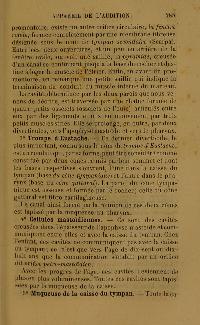 promontoire, existe un autre orifice circulaire, la fenêtre ronde, fermée complètement par une membrane fibreuse désignée sous le nom de tympan secondaire (Scarpa). Entre ces deux ouvertures, et un peu eii arrière de la fenêtre ovale, on voit une saillie, la pyramide, creusée d’un canal se continuant jusqu’à la base du rocher et des- tiné à loger le muscle de l’étrier. Enfin, en avant du pro- montoire, on remarque une petite saillie qui indique la terminaison du conduit du muscle interne du marteau. La cavité, déterminée par les deux parois que nous ve- nons de décrire, est traversée par une chaîne formée de quatre petits osselets (osselets de l’ouïe) articulés entre eux par des ligaments et mis en mouvement par trois petits muscles striés. Elle se prolonge, en outre, par deux diverticules, vers l’apophyse mastoide et vers le pharynx. 3® Trompe d’Eustache. — Ce dernier diverticule, le plus' important, connu sous le nom de trompe d'Ëustache, est un conduit qui, par sa forme,peut être considéré comme constitué par deux cônes réunis parleur sommet et dont les bases respectives s’ouvrent, l’une dans la caisse du tympan (base du cône tympanique) et l'autre dans le pha- rynx (base du cdne guttural). La paroi du cône tympa- nique est osseuse et formée parle rocher; celle du cône guttural est fibro-carlilagineuse. Le canal ainsi formé parla réunion de ces deux cônes est tapissé par la muqueuse du pharynx. 4® Cellules mastoïdiennes. — Ce sont des cavités creusées dans l'épaisseur de l’apophyse mastoïde et com- muniquant entre elles et avec la caisse du tympan. Chez l’enfant, ces cavités ne communiquent pas avec la caisse du tympan; ce n’est que vers l’àge de dix-sept ou dix- huit ans que la communication s’établit par un orifice dit orifice pétro-mastoïdien. Avec les progrès de l’àge, ces cavités deviennent de plus en plus volumineuses. Toutes ces cavités sont tapis- sées par la muqueuse de la caisse. O® Muqueuse de la caisse du tympan. — Toute laça-