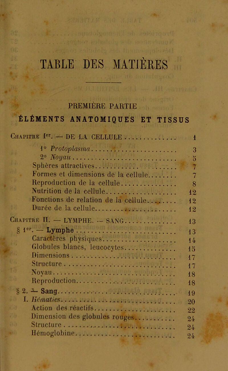 TABLE DES MATIERES PREMIÈRE PARTIE ÉLÉMENTS ANATOMIQUES ET TISSUS Chapitre — DE LA CELLULE I 1“ Protoplasma 3 2° Noyau 5 Sphères attractives 7 Formes et dimensions de la cellule .... 7 Reproduction de la cellule 8 Nutrition delà cellule 12 Fonctions de relation de la cellule 12 Durée de la cellule <i. .• 12 Chapitre II. — LYMPHE. — SANG 13 § — Lymphe 13 Caractères physiques'. I4 Globules blancs, leucocytes ig Dimensions 17 Structure 17 Noyau 13 Reproduction ; I3 § 2.-5-Sang. 19 I. Hématies 20 Action des réactifs 22 Dimension des globules rouges 24 Structure 24 Hémoglobine