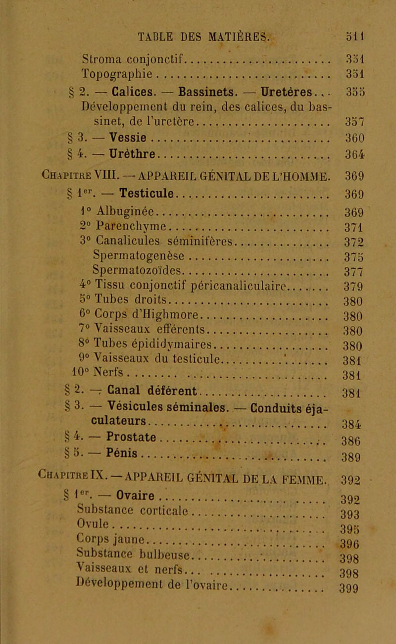 Stroma conjonctif .331 Topographie 331 § 2. — Calices. — Bassinets. — Uretères.. - 333 Développement du rein, des calices, du bas- sinet, de l’uretère 337 § 3. — Vessie i 360 §4. — Urèthre 364 Ch.apitre VIII. — APPAREIL GÉNITAL DE L’HOM.VIE. 369 § l=^ — Testicule. 369 1“ Albuginée 369 2° Parenchyme 371 3° Canalicules séminifères 372 Spermatogenèse 37o Spermatozoïdes 377 4° Tissu conjonctif péricanaliculaire 379 5“ Tubes droits 380 6° Corps d’Highmore 380 7° Vaisseau.x efférents 380 8“ Tubes épididymaires 380 9“ Vaisseaux du testicule '. 381 10“ Nerfs 33 £ § 2. — Canal déférent 381 § 3. — Vésicules séminales. — Conduits éja- culateurs 334 § 4. — Prostate _ 33g § 3. — Pénis 339 ChapitreIX.—appareil GÉNITAL DE L.i EE.MME. 392 § — Ovaire 392 Substance corticale 393 Ovule 39g Corps jaune 39g Substance bulbeuse ■ 393 Vaisseaux et nerfs 393 Développement de l’ovaire ' ' 399