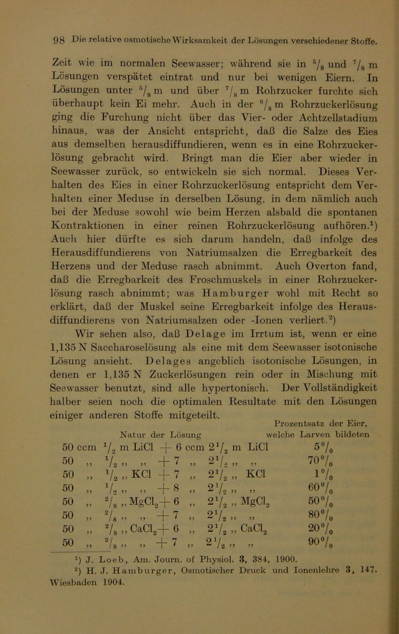 Zeit wie im normalen Seewasser; während sie in 6/8 und 7/„ m Lösungen verspätet eintrat und nur bei wenigen Eiern. In Lösungen unter °/8 m und über 7/8 m Rohrzucker furchte sich überhaupt kein Ei mehr. Auch in der °/8 m Rohrzuckerlösung ging die Furchung nicht über das Vier- oder Achtzellstadium hinaus, was der Ansicht entspricht, daß die Salze des Eies aus demselben herausdiffundieren, wenn es in eine Rohrzucker- lösung gebracht wird. Bringt man die Eier aber wieder in Seewasser zurück, so entwickeln sie sich normal. Dieses Ver- halten des Eies in einer Rohrzuckerlösung entspricht dem Ver- halten einer Meduse in derselben Lösung, in dem nämlich auch bei der Meduse sowohl wie beim Herzen alsbald die spontanen Kontraktionen in einer reinen Rohrzuckerlösung aufhören.1) Auch hier dürfte es sich darum handeln, daß infolge des Herausdiffundierens von Natriumsalzen die Erregbarkeit des Herzens und der Meduse rasch abnimmt. Auch Overton fand, daß die Erregbarkeit des Froschmuskels in einer Rohrzucker- lösung rasch abnimmt; was Hamburger wohl mit Recht so erklärt, daß der Muskel seine Erregbarkeit infolge des Heraus- diffundierens von Natriumsalzen oder -Ionen verliert.2) Wir sehen also, daß Delage im Irrtum ist, wenn er eine 1,135 N Saccharoselösung als eine mit dem Seewasser isotonische Lösung ansieht. Delages angeblich isotonische Lösungen, in denen er 1,135 N Zuckerlösungen rein oder in Mischung mit Seewasser benutzt, sind alle hypertonisch. Der Vollständigkeit halber seien noch die optimalen Resultate mit den Lösungen einiger anderen Stoffe mitgeteilt. Prozentsatz der Eier, Natur der Lösung welche Larven bildeten 50 ccm 7S m LiCl + 6 ccm 21/2 m LiCl 5% 50 J J 1/z >> >’ + 7 99 27o„ „ o o O 50 > 9 7. » KCl + 7 99 27, „ KCl i0/. 50 99 7® >> >> 8 99 27.» » 607. 50 99 2/8 „ MgClj-j- 6 99 27, » MgCI, 607. 50 99 2/s ” >> + 7 99 27, „ „ O o O CO 50 9 9 2/8„CaCl2+6 99 27, » CaCl2 207. 50 99 7s >> >> + 7 99 27,» » 007, *) J. Loeb, Am. Journ. of Physiol. 3, 384, 1900. 2) H. J. Hamburger, Osmotischer Druck und Ionenlehre 3, 147. Wiesbaden 1904.