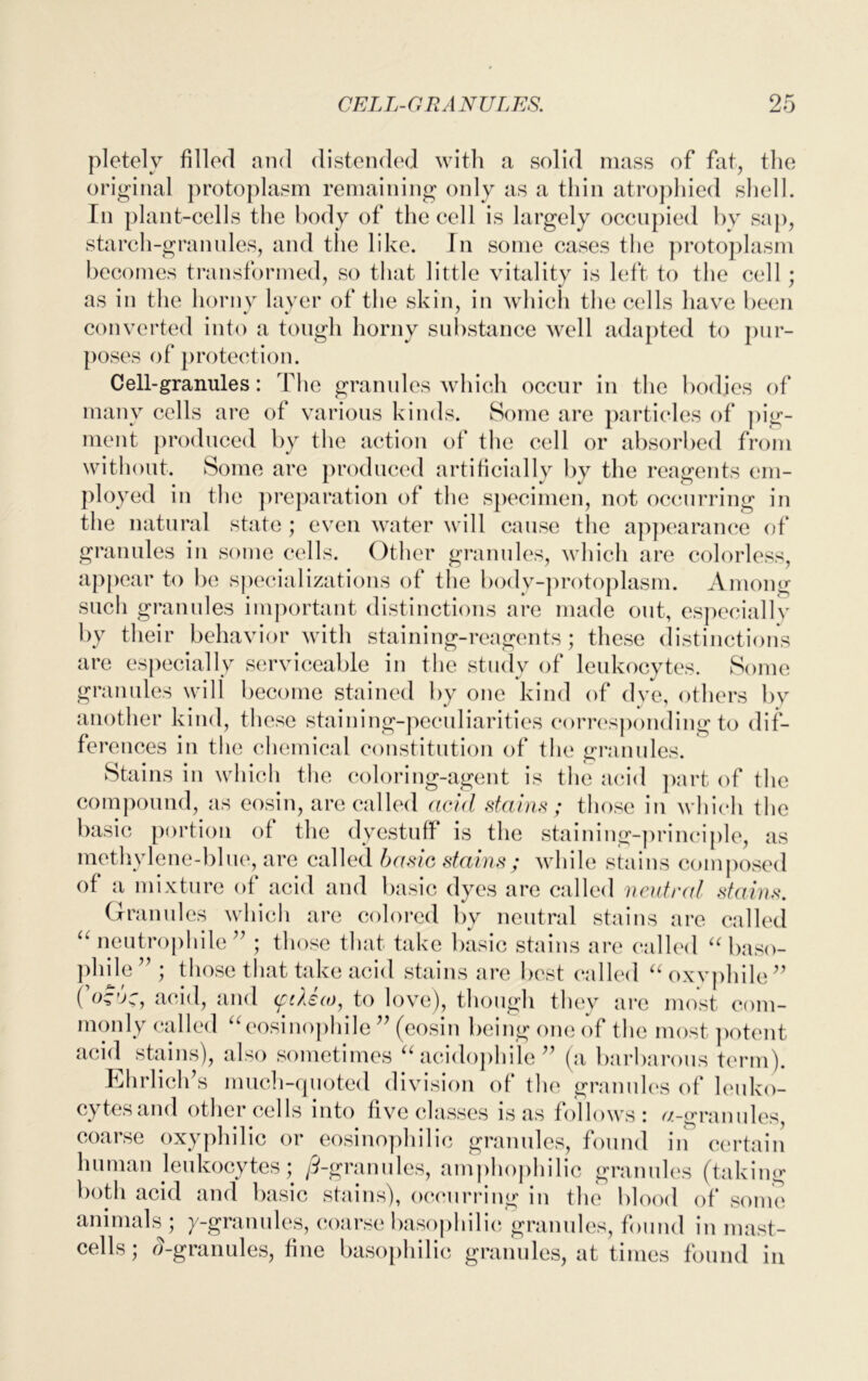 pletely filled and distended with a solid mass of fat, the original protoplasm remaining only as a thin atrophied shell. In plant-cells the body of the cell is largely occupied by sap, starch-granules, and the like. In some cases the protoplasm becomes transformed, so that little vitality is left to the cell ; as in the horny layer of the skin, in which the cells have been converted into a tough horny substance well adapted to pur- poses of protection. Cell-granules: The granules which occur in the bodies of many cells are of various kinds. Some are particles of pig- ment produced by the action of the cell or absorbed from without. Some are produced artificially by the reagents em- ployed in the preparation of the specimen, not occurring in the natural state; even water will cause the appearance of granules in some cells. Other granules, which are colorless, appear to be specializations of the body-protoplasm. Among such granules important distinctions are made out, especially by their behavior with staining-reagents; these distinctions are especially serviceable in the study of leukocytes. Some gn mules will become stained by one kind of dye, others by another kind, these staining-peculiarities corresponding to dif- ferences in the chemical constitution of the granules. Stains in which the coloring-agent is the acid part of the compound, as eosin, are called acid stains; those in which the basic portion of the dyestuff is the staining-principle, as methylene-blue, are called basic stains; while stains composed of a mixture of acid and basic dyes are called neutral stains. Granules which are colored by neutral stains are called “ neutrophile ” ; those that take basic stains are called “ baso- phile ” ; those that take acid stains are best called “oxvphile” Co~’k, acid, and <pdico, to love), though they are most com- monly called “eosinophile ” (eosin being one of the most potent acid stains), also sometimes “ acidophile ” (a barbarous term). Ehrlich’s much-quoted division of the granules of leuko- cytes and other cells into five classes is as follows: ^/-granules, coarse oxyphilic or eosinophilic granules, found in certain human leukocytes; /9-granules, amphophilic granules (taking both acid and basic stains), occurring in the blood of some animals ; /-granules, coarse basophilic granules, found in mast- cells; ^-granules, fine basophilic granules, at times found in