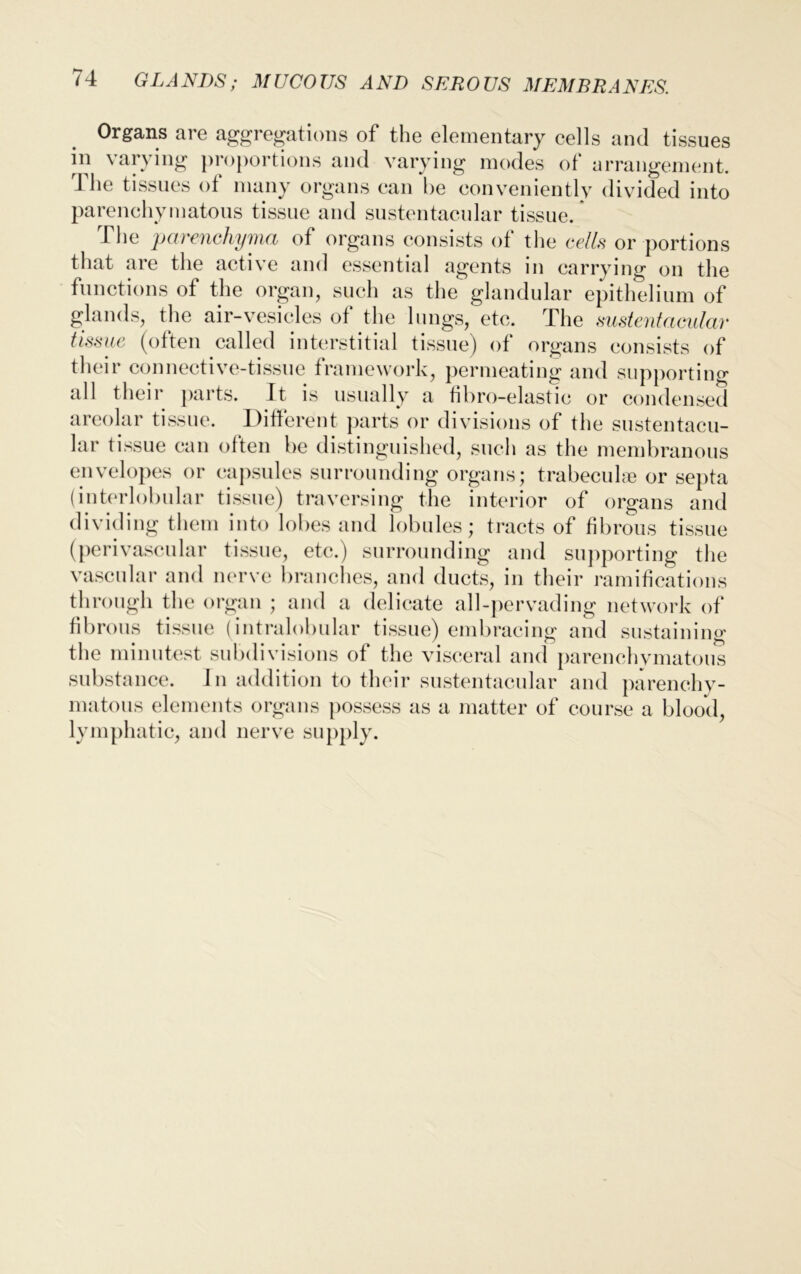 Organs are aggregations of the elementary cells and tissues in varying proportions and varying modes of arrangement. 1 he tissues of many organs can he conveniently divided into parenchymatous tissue and sustentacular tissue. The parenchyma of organs consists of the cells or portions that are the active and essential agents in carrying on the functions of the organ, such as the glandular epithelium of glands, the air-vesicles of the lungs, etc. The sustentacular tissue (often called interstitial tissue) of organs consists of their connective-tissue framework, permeating and supporting all their parts. It is usually a fibro-elastic or condensed areolar tissue. Different parts or divisions of the sustentacu- lar tissue can often be distinguished, such as the membranous envelopes or capsules surrounding organs; trabeculae or septa (interlobular tissue) traversing the interior of organs and dividing them into lobes and lobules; tracts of fibrous tissue (perivascular tissue, etc.) surrounding and supporting the vascular and nerve branches, and ducts, in their ramifications through the organ ; and a delicate all-pervading network of fibrous tissue (intralobular tissue) embracing and sustaining the minutest subdivisions of the visceral and parenchymatous substance. In addition to their sustentacular and parenchy- matous elements organs possess as a matter of course a blood, lymphatic, and nerve supply.