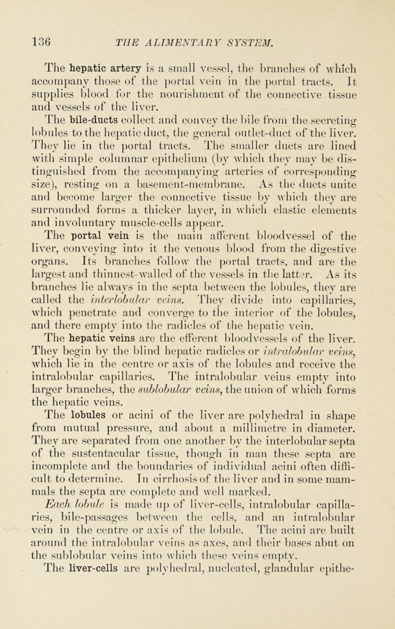 The hepatic artery is a small vessel, the branches of which accompany those of the portal vein in the portal tracts. It supplies blood for the nourishment of the connective tissue and vessels of the liver. The bile-ducts collect and convey the bile from the secreting lobules to the hepatic duct, the general outlet-duct of the liver. They lie in the portal tracts. The smaller ducts are lined with simple columnar epithelium (by which they may be dis- tinguished from the accompanying arteries of corresponding size), resting on a basement-membrane. As the ducts unite and become larger the connective tissue by which they are surrounded forms a thicker layer, in which elastic elements and involuntary muscle-cells appear. The portal vein is the main afferent bloodvessel of the liver, conveying into it the venous blood from the digestive organs. Its branches follow the portal tracts, and are the largest and thinnest-walled of the vessels in the latter. As its branches lie always in the septa between the lobules, they are called the interlobular veins. They divide into capillaries, which penetrate and converge to the interior of the lobules, and there empty into the radicles of the hepatic vein. The hepatic veins are the efferent bloodvessels of the liver. They begin by the blind hepatic radicles or intralobular veins, which lie in the centre or axis of the lobules and receive the intralobular capillaries. The intralobular veins empty into larger branches, the sublobular veins, the union of which forms the hepatic veins. The lobules or acini of the liver are polyhedral in shape from mutual pressure, and about a millimetre in diameter. They are separated from one another by the interlobular septa of the sustentacular tissue, though in man these septa are incomplete and the boundaries of individual acini often diffi- cult to determine. In cirrhosis of the liver and in some mam- mals the septa are complete and well marked. Each lobule is made up of liver-cells, intralobular capilla- ries, bile-passages between the cells, and an intralobular vein in the centre or axis of the lobule. The acini are built around the intralobular veins as axes, and their bases abut on the sublobular veins into which these veins empty. The liver-cells are polyhedral, nucleated, glandular epithe-