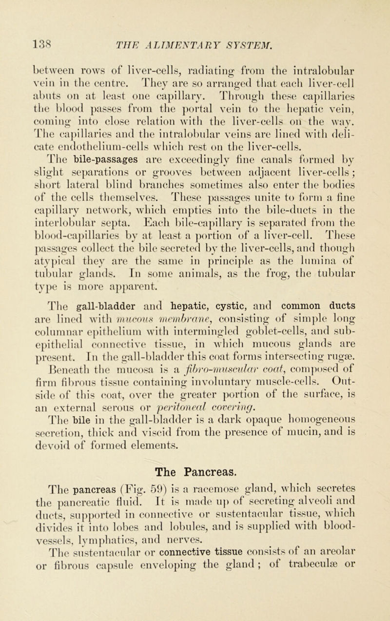 between rows of liver-cells, radiating from the intralobular vein in the centre. They are so arranged that each liver-cell abuts on at least one capillary. Through these capillaries the blood passes from the portal vein to the hepatic vein, coming into close relation with the liver-cells on the way. The capillaries and the intralobular veins are lined with deli- cate endothelium-cells which rest on the liver-cells. The bile-passages are exceedingly fine canals formed by slight separations or grooves between adjacent liver-cells; short lateral blind branches sometimes also enter the bodies of the cells themselves. These passages unite to form a fine capillary network, which empties into the bile-ducts in the interlobular septa. Each bile-capillary is separated from the blood-capillaries by at least a portion of a liver-cell. These passages collect the bile secreted by the liver-cells, and though atypical they are the same in principle as the liunina of tubular glands. In some animals, as the frog, the tubular type is more apparent. The gall-bladder and hepatic, cystic, and common ducts are lined with mucous membrane, consisting of simple long columnar epithelium with intermingled goblet-cells, and sub- epithelial connective tissue, in which mucous glands are present. In the gall-bladder this coat forms intersecting rugae. Beneath the mucosa is a jibro-museular coat, composed of firm fibrous tissue containing involuntary muscle-cells. Out- side of this coat, over the greater portion of the surface, is an external serous or peritoneal covering. The bile in the gall-bladder is a dark opaque homogeneous secretion, thick and viscid from the presence of mucin, and is devoid of formed elements. The Pancreas. The pancreas (Fig. 59) is a racemose gland, which secretes the pancreatic fluid. It is made up of secreting alveoli and ducts, supported in connective or sustentacular tissue, which divides it into lobes and lobules, and is supplied with blood- vessels, lymphatics, and nerves. The sustentacular or connective tissue consists of an areolar or fibrous capsule enveloping the gland ; ot trabeculae or
