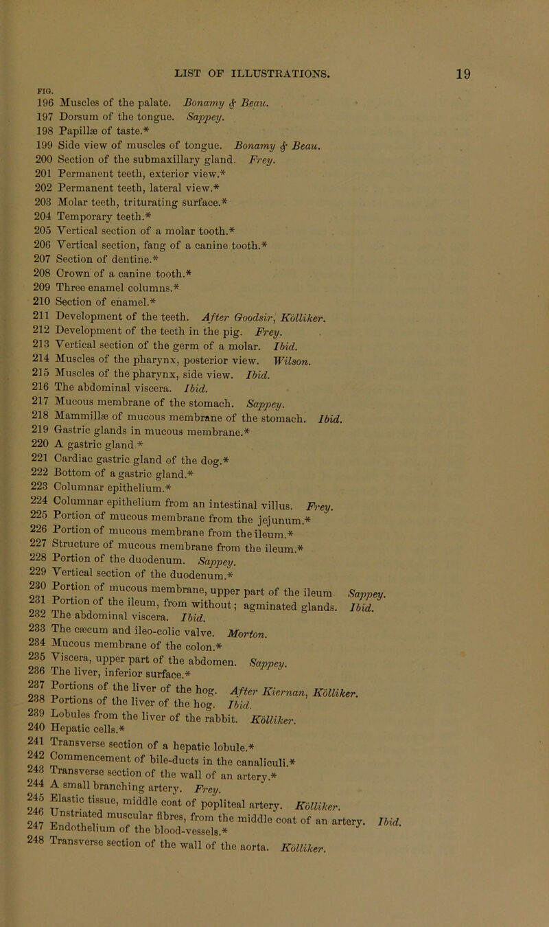 FIG. 196 Muscles of the palate. Bonamy ^ Beau. 197 Dorsum of the tongue. Sappey. 198 Papillie of taste.* 199 Side view of muscles of tongue. Bonamy ^ Beau. 200 Section of the submaxillary gland. Frey. 201 Permanent teeth, exterior view.* 202 Permanent teeth, lateral view.* 203 Molar teeth, triturating surface.* 204 Temporary teeth.* 205 Vertical section of a molar tooth.* 206 Vertical section, fang of a canine tooth.* 207 Section of dentine.* 208 Crown of a canine tooth.* 209 Three enamel columns.* 210 Section of enamel.* 211 Development of the teeth. After Ooodsir, Kdlliker. 212 Development of the teeth in the pig. Frey. 213 Vertical section of the germ of a molar. Ibid. 214 Muscles of the pharynx, posterior view. Wilson. 215 Muscles of the pharynx, side view. Ibid. 216 The abdominal viscera. Ibid. 217 Mucous membrane of the stomach. Sappey. 218 Mammillae of mucous membrane of the stomach. Ibid. 219 Gastric glands in mucous membrane.* 220 A gastric gland * 221 Cardiac gastric gland of the dog.* 222 Bottom of a gastric gland.* 223 Columnar epithelium.* 224 Columnar epithelium from an intestinal villus. Frey. 225 Portion of mucous membrane from the jejunum.* 226 Portion of mucous membrane from the ileum.* 227 Structure of mucous membrane from the ileum.* 228 Portion of the duodenum. Sappey. 229 Vertical section of the duodenum.* 230 Portion of mucous membrane, upper part of the ileum Sappey. 9oi 'Without; agminated glands. Ibid. Ihe abdominal viscera. Ibid. 233 The caecum and ileo-colic valve. Morton. 234 Mucous membrane of the colon.* 235 Viscera, upper part of the abdomen. Sappey. 236 The liver, inferior surface.* So ^® After Kiernan, Kdlliker. 238 Portions of the liver of the hog. Ibid. 239 Lobules from the liver of the rabbit. Kdlliker. 240 Hepatic cells.* 241 Transverse section of a hepatic lobule.* So of bile-ducts in the canaliculi.* 243 Transverse section of the wall of an artery.* 244 A small branching artery. Frey 245 Elastic tissue, middle coat of popliteal artery. Kdlliker. L? SIT? the middle coat of an artery. Ibid. 247 Endothelium of the blood-vessels.* 248 Transverse section of the wall of the aorta. Kdlliker.