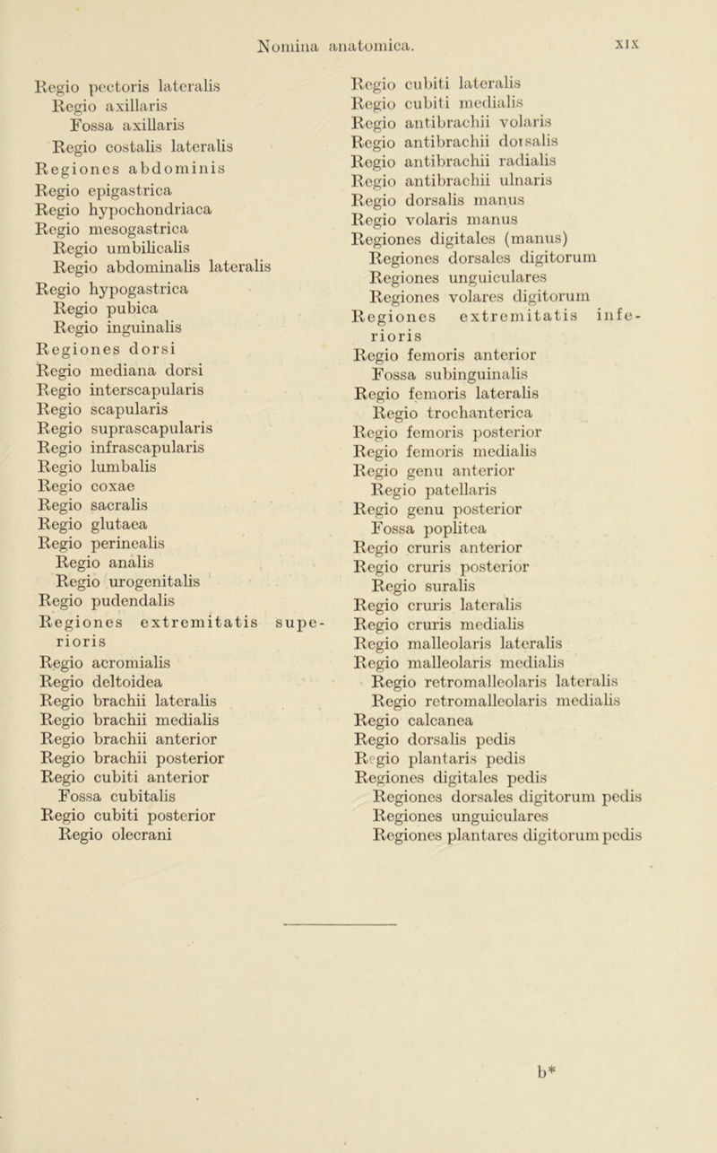 Regio pectoris lateralis Regio axillaris Fossa axillaris Regio costalis lateralis Regiones abdominis Regio epigastrica Regio hypochondriaca Regio mesogastrica Regio umbilicalis Regio abdominalis lateralis Regio hypogastrica Regio pubica Regio inguinalis Regiones dorsi Regio mediana dorsi Regio interscapularis Regio scapularis Regio suprascapularis Regio infrascapularis Regio lumbalis Regio coxae Regio sacralis Regio glutaea Regio perinealis Regio analis Regio urogenitalis Regio pudendalis Regiones extrem itatis supe- rioris Regio acromialis Regio deltoidea Regio brachii lateralis Regio brachii medialis Regio brachii anterior Regio brachii posterior Regio cubiti anterior Fossa cubitalis Regio cubiti posterior Regio olecrani Regio cubiti lateralis Regio cubiti medialis Regio antibrachii volaris Regio antibrachii dotsalis Regio antibrachii radialis Regio antibrachii ulnaris Regio dorsalis manus Regio volaris manus Regiones digitales (manus) Regiones dorsales digitorum Regiones unguiculares Regiones volares digitorum Regiones extremitatis infe- rioris Regio femoris anterior Fossa subinguinalis Regio femoris lateralis Regio trochanterica Regio femoris posterior Regio femoris medialis Regio genu anterior Regio patellaris Regio genu posterior Fossa poplitea Regio cruris anterior Regio cruris posterior Regio suralis Regio cruris lateralis Regio cruris medialis Regio malleolaris lateralis Regio malleolaris medialis Regio retromalleolaris lateralis Regio retromalleolaris medialis Regio calcanea Regio dorsalis pedis R' gio plantaris pedis Regiones digitales pedis Regiones dorsales digitorum pedis Regiones unguiculares Regiones plantares digitorum pedis b*