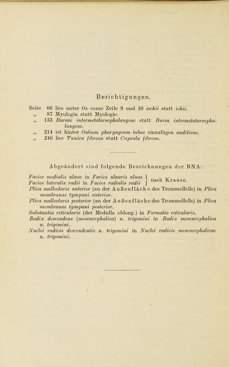 Berichtigungen. Seite 66 lies unter Os coxae Zeile 9 und 10 ischii statt ichii. ,, 87 Myologia statt Myologie. ,, 133 Bursae intermetatarsophalangeae statt Bursa intermetatarsopha- langeae. ,, 214 ist hinter Ostium pharyngeum tubae einzufügen auditivae. ,, 216 lies Tunica fibrosa statt Capsula fibrosa. Abgeändert sind folgende Bezeichnungen der BNA: Facies medialis ulnae in Facies ulnaris ulnae \ , ^ Facies lateralis radii in Facies radialis radii J nac 1 rause‘ Plica malleolaris anterior (an der Außenfläche des Trommelfells) in Plica membranae tympani anterior. Plica malleolaris posterior (an der Außenfläche des Trommelfells) in Plica membranae tympani posterior. Substantia reticularis (der Medulla oblong.) in Formatio reticularis. Radix descendens (mesencephalica) n. trigemini in Radix mesencephalica n. trigemini. Nuclei radicis descendentis n. trigemini in Nuclei radicis mesencephalicae n. trigemini.