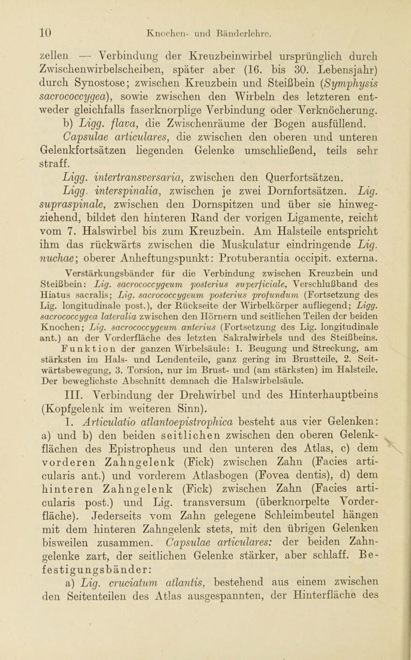 zellen. — Verbindung der Kreuzbeinwirbel ursprünglich durch Zwischenwirbelscheiben, später aber (16. bis 30. Lebensjahr) durch Synostose; zwischen Kreuzbein und Steißbein (Symphysis sacrococcygea), sowie zwischen den Wirbeln des letzteren ent- weder gleichfalls faserknorplige Verbindung oder Verknöcherung. b) Ligg. flava, die Zwischenräume der Bogen ausfüllend. Capsulae articulares, die zwischen den oberen und unteren Gelenkfortsätzen liegenden Gelenke umschließend, teils sehr straff. Ligg. intertransversaria, zwischen den Querfortsätzen. Ligg. interspinalia, zwischen je zwei Dornfortsätzen. Lig. supraspinale, zwischen den Dornspitzen und über sie hinweg- ziehend, bildet den hinteren Band der vorigen Ligamente, reicht vom 7. Halswirbel bis zum Kreuzbein. Am Halsteile entspricht ihm das rückwärts zwischen die Muskulatur eindringende Lig. nuchae; oberer Anheftungspunkt: Protuberantia occipit. externa. Verstärkungsbänder für die Verbindung zwischen Kreuzbein und Steißbein: Lig. sacrococcygeum 'posterius superficiale, Verschlußband des Hiatus sacralis; Lig. sacrococcygeum posterius profundum (Fortsetzung des Lig. longitudinale post.), der Rückseite der Wirbelkörper aufliegend; Ligg. sacrococcygea lateralia zwischen den Hörnern und seitlichen Teilen der beiden Knochen; Lig. sacrococcygeum anterius (Fortsetzung des Lig. longitudinale ant.) an der Vorderfläche des letzten Sakralwirbels und des Steißbeins. Funktion der ganzen Wirbelsäule: 1. Beugung und Streckung, am stärksten im Hals- und Lendenteile, ganz gering im Brustteile, 2. Seit- wärtsbewegung, 3. Torsion, nur im Brust- und (am stärksten) im Halsteile. Der beweglichste Abschnitt demnach die Halswirbelsäule. III. Verbindung der Drehwirbel und des Hinterhauptbeins (Kopfgelenk im weiteren Sinn). 1. Articulatio atlantoepistrojihica besteht aus vier Gelenken: a) und b) den beiden seitlichen zwischen den oberen Gelenk- flächen des Epistropheus und den unteren des Atlas, c) dem vorderen Zahngelenk (Fick) zwischen Zahn (Facies arti- cularis ant.) und vorderem Atlasbogen (Fovea dentis), d) dem hinteren Zahn gelenk (Fick) zwischen Zahn (Facies arti- cularis post.) und Lig. transversum (überknorpelte Vorder- fläche). Jederseits vom Zahn gelegene Schleimbeutel hängen mit dem hinteren Zahngelenk stets, mit den übrigen Gelenken bisweilen zusammen. Capsulae articulares: der beiden Zahn- gelenke zart, der seitlichen Gelenke stärker, aber schlaff. Be- festigungsbänder: a) Lig. cruciatum atla7itis, bestehend aus einem zwischen den Seitenteilen des Atlas ausgespannten, der Hinterfläche des
