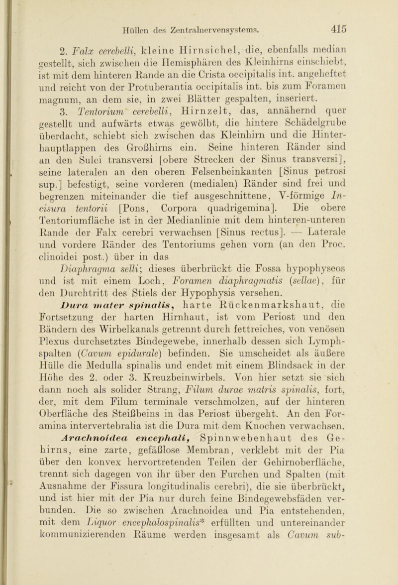 2. Falx cerebelli, kleine Hirnsiekel, die, ebenfalls median gestellt, sich zwischen die Hemisphären des Kleinhirns einschiebt, ist mit dem hinteren Kande an die Crista occipitalis int. angeheftet und reicht von der Protuberantia occipitalis int. bis zum Foramen magnum, an dem sie, in zwei Blätter gespalten, inseriert. 3. Tentorium cerebelli, Hirnzelt, das, annähernd quer gestellt und aufwärts etwas gewölbt, die hintere Schädelgrube überdacht, schiebt sich zwischen das Kleinhirn und die Hinter- hauptlappen des Großhirns ein. Seine hinteren Bänder sind an den Sulci transversi [obere Strecken der Sinus transversi], seine lateralen an den oberen Felsenbeinkanten [Sinus petrosi sup.] befestigt, seine vorderen (medialen) Ränder sind frei und begrenzen miteinander die tief ausgeschnittene, Y-förmige In- cisura teyitorii [Pons, Corpora quadrigemina]. Die obere Tentoriumfläche ist in der Medianlinie mit dem kinteren-unteren Rande der Falx cerebri verwachsen [Sinus rectus]. — Laterale und vordere Ränder des Tentoriums gehen vom (an den Proc. clinoidei post.) über in das Diaphragma selli; dieses überbrückt die Fossa kypophyseos und ist mit einem Loch, Foramen diaphragmatis (sellae), für den Durchtritt des Stiels der Hypophysis versehen. Dura water spinalis, harte Rückenmarkshaut, die Fortsetzung der harten Hirnhaut, ist vom Periost und den Bändern des Wirbelkanals getrennt durch fettreiches, von venösen Plexus durchsetztes Bindegewebe, innerhalb dessen sich Lymph- spalten (Cavum epidurale) befinden. Sie umscheidet als äußere Hülle die Medulla spinalis und endet mit einem Blindsack in der Höhe des 2. oder 3. Kreuzbeinwirbels. Von hier setzt sie sich dann noch als solider Strang, Filum durae matris spinalis, fort, der, mit dem Filum terminale verschmolzen, auf der hinteren Oberfläche des Steißbeins in das Periost übergeht. An den For- amina intervertebralia ist die Dura mit dem Knochen verwachsen. Arachnoidea encephali, Spinnwebenhaut des Ge- hirns, eine zarte, gefäßlose Membran, verklebt mit der Pia über den konvex hervortretenden Teilen der Gehirnoberfläche, trennt sich dagegen von ihr über den Furchen und Spalten (mit Ausnahme der Fissura longitudinalis cerebri), die sie überbrückt, und ist hier mit der Pia nur durch feine Bindegewebsfäden ver- bunden. Die so zwischen Arachnoidea und Pia entstehenden, mit dem Liquor encephalospinalis* erfüllten und untereinander kommunizierenden Räume werden insgesamt als Cavum sub-