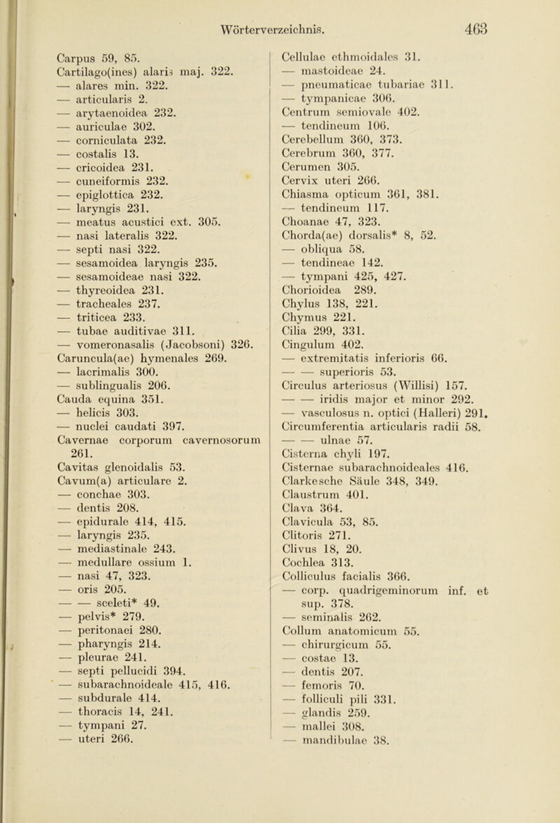 Carpus 59, 85. Cartilago(ines) alaris maj. 322. — alares min. 322. — articularis 2. — arytaenoidea 232. — auriculae 302. — corniculata 232. — costalis 13. — cricoidea 231. — cuneiformis 232. — epiglottica 232. — laryngis 231. — meatus acustici ext. 305. — nasi lateralis 322. — septi nasi 322. — sesamoidea laryngis 235. — sesamoideae nasi 322. — thyreoidea 231. — tracheales 237. — triticea 233. — tubae auditivae 311. — vomeronasalis (Jacobsoni) 326. Caruncula(ae) hymenales 269. — lacrimalis 300. — sublingualis 206. Cauda equina 351. — helicis 303. -— nuclei caudati 397. Cavernae corporum cavernosorum 261. Cavitas glenoidalis 53. Cavum(a) articulare 2. — conchae 303. — dentis 208. — epidurale 414, 415. — laryngis 235. — mediastinale 243. — medulläre ossium 1. — nasi 47, 323. — oris 205. sceleti* 49. — pelvis* 279. — peritonaei 280. — pharyngis 214. — pleurae 241. — septi pellucidi 394. — subarachnoideale 415, 416. — subdurale 414. — thoracis 14, 241. — tympani 27. — uteri 266. Cellulae ethmoidales 31. — mastoideae 24. — pneumaticae tubariae 311. — tympanicae 306. Centrum semiovale 402. ■— tendineum 106. Cerebellum 360, 373. Cerebrum 360, 377. Cerumen 305. Cervix uteri 266. Chiasma opticum 361, 381. — tendineum 117. Choanae 47, 323. Chorda(ae) dorsalis* 8, 52. — obliqua 58. — tendineae 142. — tympani 425, 427. Chorioidea 289. Chylus 138, 221. Chymus 221. Cilia 299, 331. Cingulum 402. — extremitatis inferioris 66. superioris 53. Circulus arteriosus (Willisi) 157. iridis major et minor 292. vasculosus n. optici (Halleri) 291. Circumferentia articularis radii 58. ulnae 57. Cisterna chyli 197. Cisternae subarachnoideales 416. Clarkesche Säule 348, 349. Claustrum 401. Clava 364. Clavicula 53, 85. Clitoris 271. Clivus 18, 20. Cochlea 313. Colliculus facialis 366. — corp. quadrigeminorum inf. et sup. 378. — seminalis 262. Collum anatomicum 55. — chirurgicum 55. — costae 13. — dentis 207. — femoris 70. — folliculi pili 331. — glandis 259. — mallei 308. — mandibulae 38.