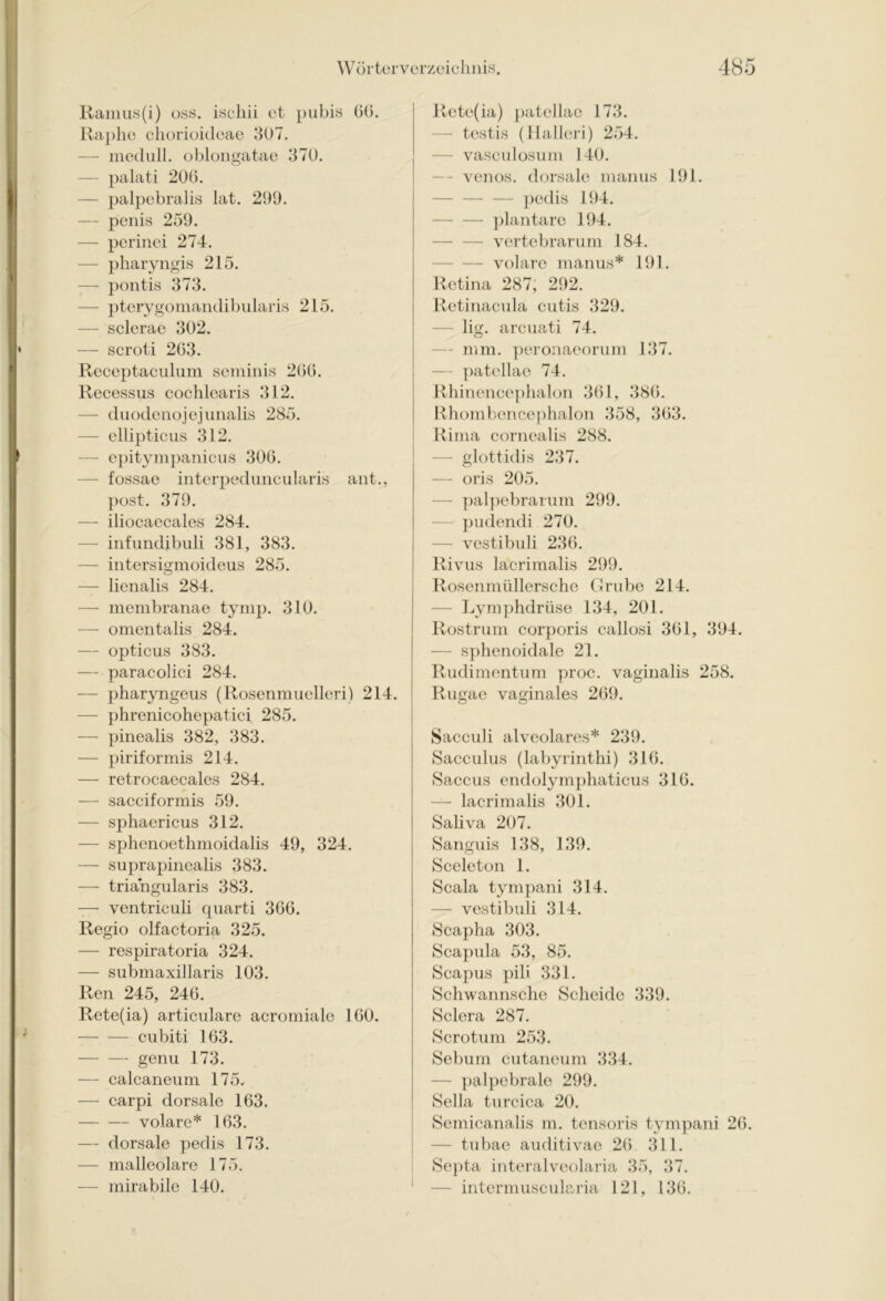 Ramus(i) oss. isehii et pubis (30. Raphe chorioideae 307. —- medull. oblongatae 370. — palati 206. — palpebralis lat. 299. — penis 259. — perinei 274. — pharyngis 215. — pontis 373. — pterygomandibularis 215. — sclerae 302. — scroti 263. Receptaculum seminis 266. Recessus cochlearis 312. — duodenojejunalis 285. — ellipticus 312. — epitympanicus 306. — fossae interpeduncularis ant., post. 379. — iliocaecales 284. —- infundibuli 381, 383. — intersigmoideus 285. — lienalis 284. — membranae tymp. 310. — omentalis 284. — opticus 383. — paracolici 284. — pharyngeus (Rosenmuelleri) 214. — phrenicohepatici 285. — pinealis 382, 383. — piriformis 214. — retrocaecales 284. — sacciformis 59. — sphaericus 312. — sphenoethmoidalis 49, 324. — suprapinealis 383. — tria'ngularis 383. — ventriculi quarti 366. Regio olfactoria 325. — respiratoria 324. — submaxillaris 103. Ren 245, 246. Rete(ia) articulare acromiale 160. cubiti 163. genu 173. — calcaneum 175, — carpi dorsale 163. volare* 163. — dorsale pedis 173. — malleolare 175. — mirabile 140. Rete(ia) patellae 173. — testis (Halleri) 254. — vasculosum 140. venös, dorsale manus 191. pedis 194. plantare 194. vertebrarum 184. volare manus* 191. Retina 287, 292. Retinacula cutis 329. — lig. arcuati 74. mm. peronaeorum 137. — patellae 74. Rhinencephalon 361, 386. Rhombencephalon 358, 363. Rima cornealis 288. — glottidis 237. — oris 205. — palpebrarum 299. — pudendi 270. — vestibuli 236. Rivus lacrimalis 299. Rosenmüllersche Grube 214. — Lymphdrüse 134, 201. Rostrum corporis callosi 361, 394. — sphenoidale 21. Rudimentum proc. vaginalis 258. Rugae vaginales 269. Sacculi alveolares* 239. Sacculus (labyrinthi) 316. Saccus endolymphaticus 316. — lacrimalis 301. Saliva 207. Sanguis 138, 139. Sceleton 1. Scala tympani 314. — vestibuli 314. Scapha 303. Scapula 53, 85. Scapus pili 331. Schwannscho Scheide 339. Sclera 287. Scrotum 253. Sebum cutaneum 334. — palpebrale 299. Sella turcica 20. Semicanalis m. tensoris tympani 26. tubae auditivae 26 311. Septa interalveolaria 35, 37. — intermuscul&ria 121, 136.