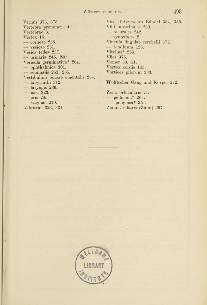 Vermis 373, 375. Vertebra prominens 4. Vertebrae 3. Vertex 16. — corneae 288. — vesicae 251. Vesica fellea 227. —- urinaria 245, 250. Vesicula germinativa* 264. — ophthalmica 301. — seminalis 253, 255. Vestibulum bursae omentalis 284. — labyrinthi 312. — laryngis 236. — nasi 323. — oris 205. — vaginae 270. Vibrissae 323, 331. Vicq d’Azyrsches Bündel 384, 385. Villi intestinales 230. — pleurales 242. — synoviales 2. Vincula lingulae cerebelli 375. — tendinum 123. Vitellus* 264. Vlies 376. Vomer 33, 51. Vortex cordis 143. Vortices pilorum 333. AVolffscher Gang und Körper 272. Zona orbicularis 71. — pellucida* 264. — spongiosa* 351. Zonula ciliaris (Zinni) 297.