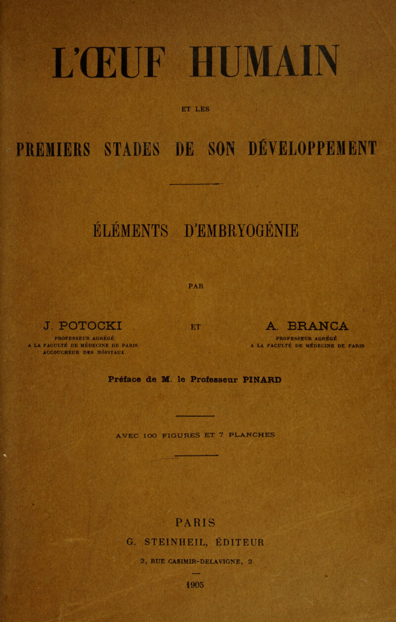 HUMAIN ET LES t REMIERS STADES DE SON DÉVELOPPEMENT r f ELEMENTS D'EMBRYOGENIE PAR J. POTOCKI ET A. BRANCA PROFESSEUR AGREGE A LA FACULTÉ DE MÉDECINE DE PARIS ACCOUCHEUR DES HÔPITAUX PROFESSEUR AGRÉGÉ A LA FACULTÉ DE MÉDECINE DE PARIS Préface de M. le Professeur PINARD AVEC lOO FIGURÉS ET 7 PLANCHES ï • ^ T^- S: ■ h '-'-V- PARIS G. STEINHEIL, ÉDITEUR D ^ 2, RUE CASIMIR-DELAVIGNE, 2 1905 rUi ' k ^ ï'#?' ife»« ÿ,!.'' -