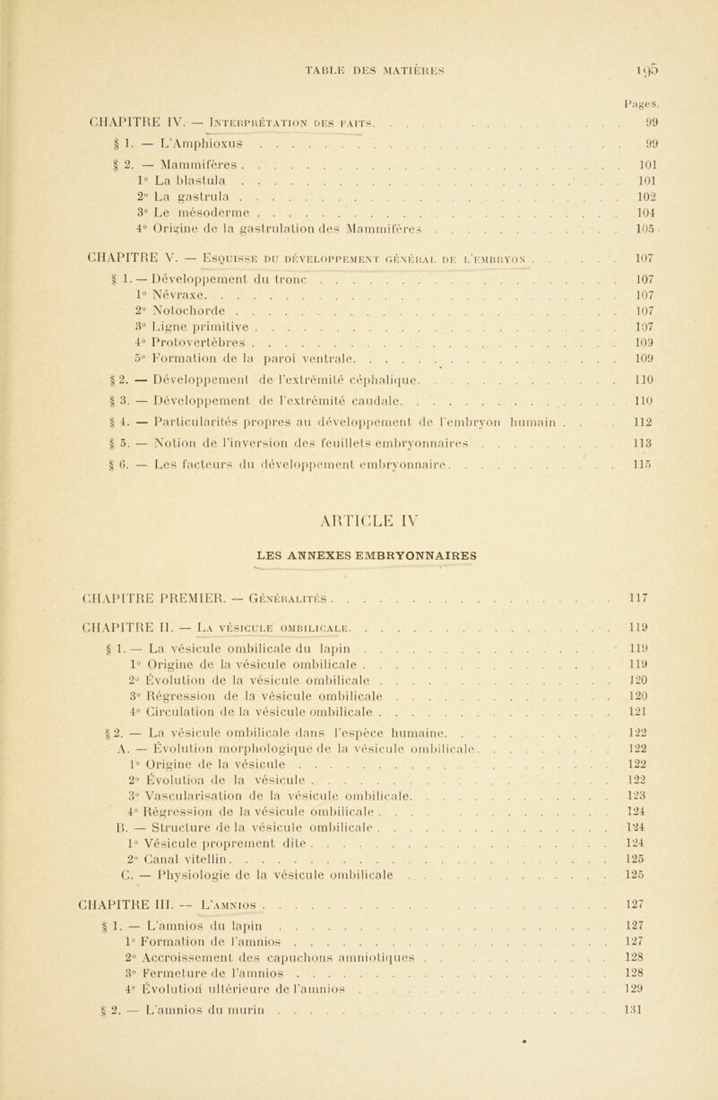 l’ages. CHAPITRE IV. — Intep.puétation des faits .... I 1. — L'Amphioxns . . 99 I 2. — Mammifères 101 1° La lilastiila ' . . . 101 2 La gastrula 102 3° Le mcsoderme 101 4° Orii,diie de la gaslndation des Mammifères 1<).5 (dIAPITRE V. — Esquisse du développement oénépal de l’e.mddyon 107 1. — Déveloiipement du fronr 107 1° Névra.Ke 107 2 Xotochorde 107 8° Ligne primitive 107 4° ProtoveiTèbres 109 5 Eormation de la paroi ventrale 109 I 2. — Développement de l’extrémité cé[)hali(iue 110 I 3. — Développement de l’extrémité caudale 110 I 4. — Particularités propres au développement de l’embryon humain .... 112 I 5. — Notion de l’inversion des feuillets embryonnaires 113 I 0. — Les facteurs du dévclojipement (‘mbryonnaire 115 AUTICLE IV LES ANNEXES EMBRYONNAIRES CHAPITRE PREMIER. — CxÉnéralités 117 CHAPITRE IL — La vésicule ombilicale 119 I 1.— La vésicule ombilicale du lapin lli* 1° Origine de la vésicule ombilicale 119 2' Évolution de la vésicule ombilicale 120 3° Régression de la vésicule ombilicale 120 4“ Circulation de la vésicule ombilicale 121 §2. — La vésicule ombilicale dans l’esiièce humaine 122 A. — Évolution morpliologi(iue de la vésicule ombilicah* 122 1° Origine de la vésicule 122 2» Évolution de la vésicule 122 3° Vascularisation de la vésicule ombilicale 123 4^ Régression de la vésicule ombilicale .... 124 R. — Structure delà vésicule ombilicale 124 1° Vésicule jiroprement dite 124 2^ Canal vitellin 125 C. — Physiologie de la vésicule ombilicale 125 CHAPITRE III. — L'amnios 127 I 1. — L’amnios du laiiin 127 1° Eormation de t’amnios 127 2^ Accroissement des capuchons amni(Ri(iues . . 128 3° Fermeture de l’amnios 128 4“ Evolution ultérieure de l’amnios 129 ^2. — L’amnios du murin 131