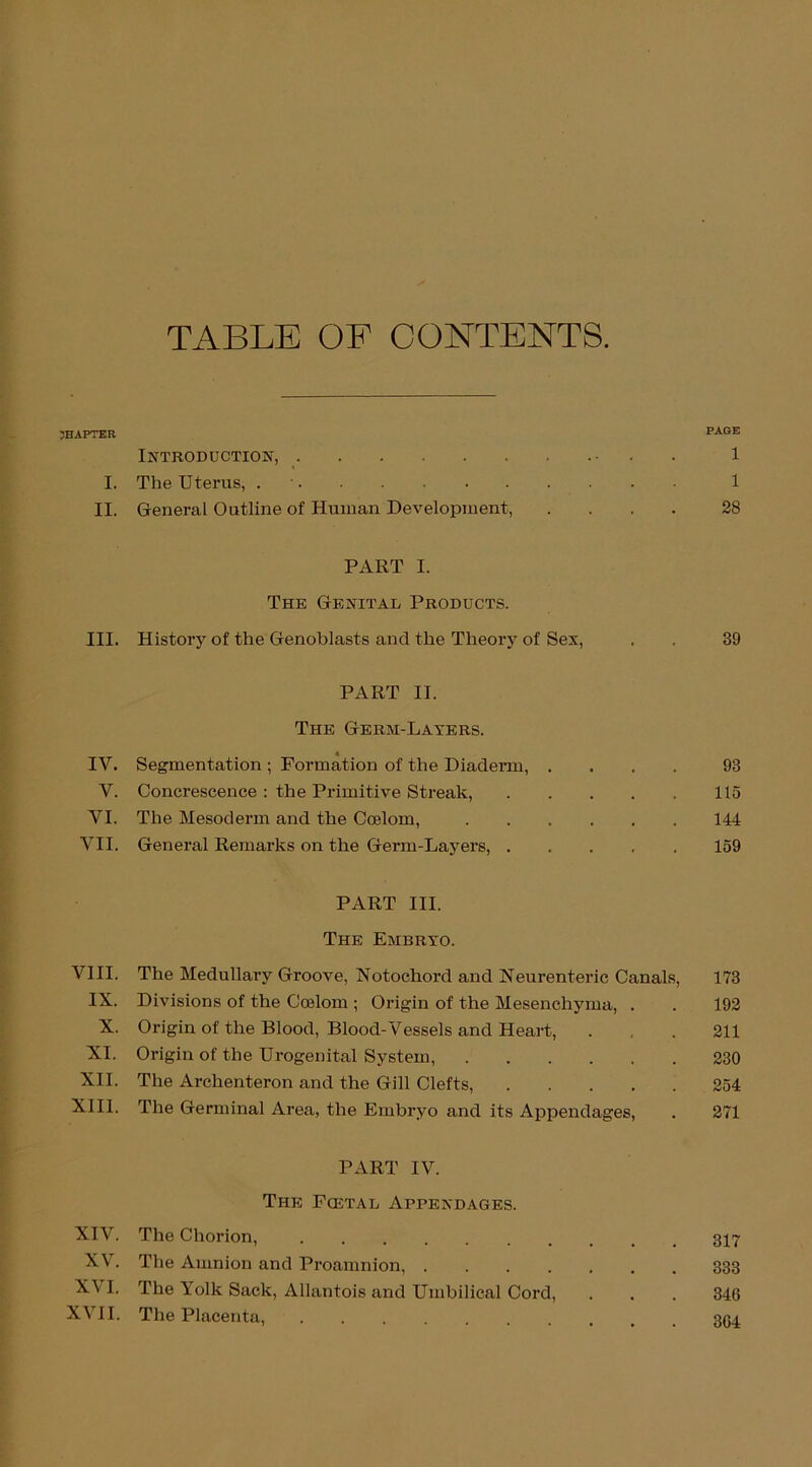 TABLE OF CONTENTS. HAPTER PAGE Introduction, 1 I. The Uterus, 1 II. General Outline of Human Development, .... 28 PART I. The Genital Products. III. History of the Genoblasts and the Theory of Sex, , . 39 PART II. The Germ-Layers. IV. Segmentation ; Formation of the Diaderm, .... 93 V. Concrescence : the Primitive Streak, 115 VI. The Mesoderm and the Coelom, 144 VII. General Remarks on the Germ-Layers, ..... 159 PART III. The Embryo. VIII. The Medullary Groove, Notochord and Neurenteric Canals, 173 IX. Divisions of the Coelom ; Origin of the Mesenchyma, . . 192 X. Origin of the Blood, Blood-Vessels and Heart, 211 XI. Origin of the Urogenital System, 230 XII. The Archenteron and the Gill Clefts, 254 XIII. The Germinal Area, the Embryo and its Appendages, . 271 PART IV. The Fcetal Appendages. XIV. The Chorion, 317 XV. The Amnion and Proamnion, 333 XVI. The Yolk Sack, Allantois and Umbilical Cord, 346 XVII. The Placenta, 364