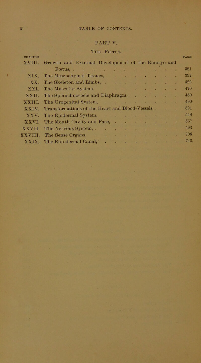 PART V. The Fcetus. CHAPTER PAGE XVIII. Growth and External Development of the Embryo and Foetus, 381 XIX. The Mesenchymal Tissues, 307 XX. The Skeleton and Limbs, 422 XXI. The Muscular System, 470 XXII. The Splanchnocoele and Diaphragm, 480 XXIII. The Urogenital System 490 XXIV. Transformations of the Heart and Blood-Vessels, . . . 521 XXV. The Epidermal System, 548 XXVI. The Mouth Cavity and Face, 567 XXVII. The .Nervous System, 593 XXVIII. The Sense Organs, '106 XXIX. The Entodermal Canal, M3-