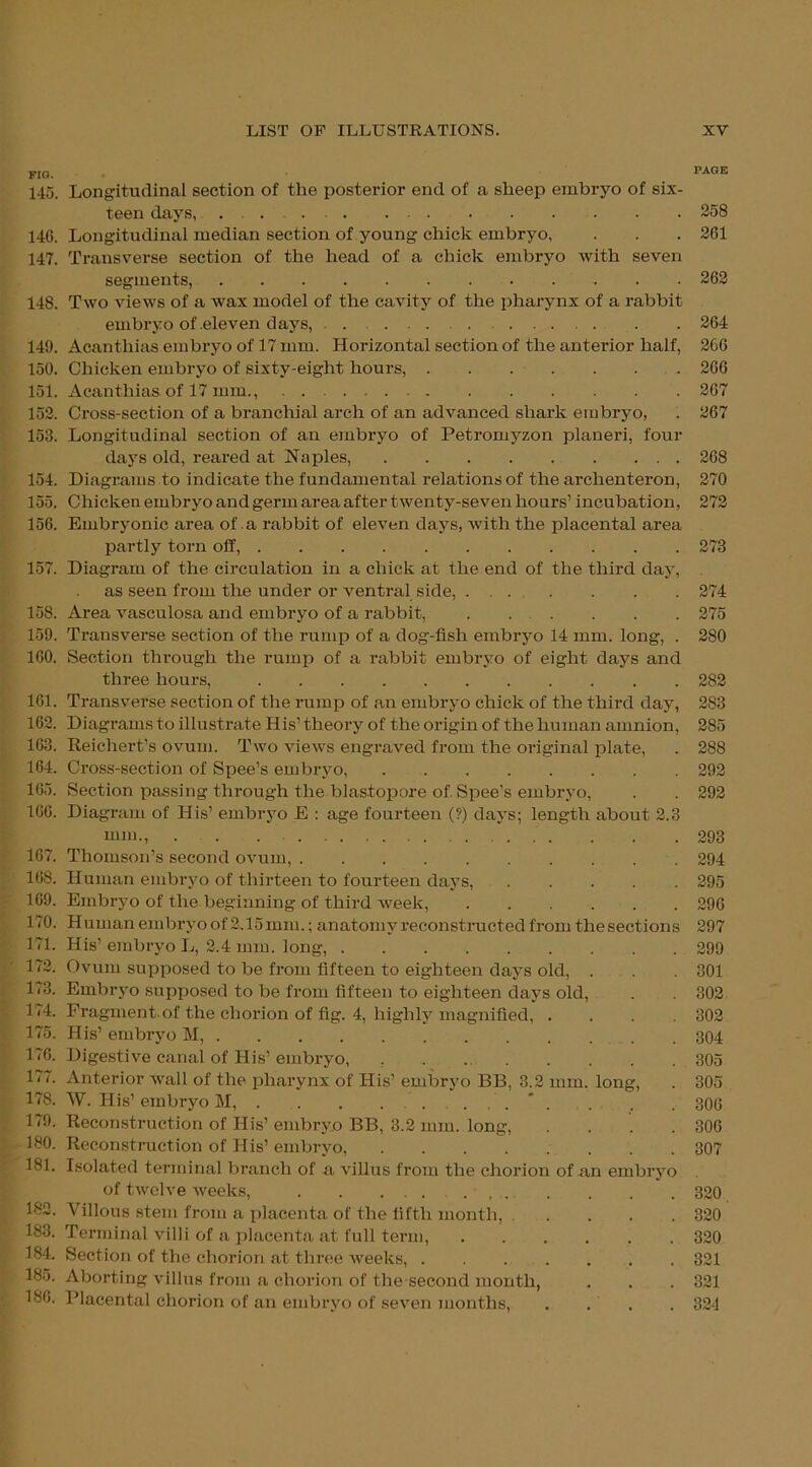 FIG. PAGE 145. Longitudinal section of the posterior end of a sheep embryo of six- teen days, . 258 140. Longitudinal median section of young chick embryo, . . . 261 147. Transverse section of the head of a chick embryo with seven segments, 262 148. Two views of a wax model of the cavity of the pharynx of a rabbit embryo of .eleven days, 264 149. Acanthias embryo of 17 mm. Horizontal section of the anterior half, 266 150. Chicken embryo of sixty-eight hours, 266 151. Acanthias of 17 mm., 267 152. Cross-section of a branchial arch of an advanced shark embryo, . 267 153. Longitudinal section of an embryo of Petromyzon planeri, four days old, reared at Naples, 268 154. Diagrams to indicate the fundamental relations of the archenteron, 270 155. Chicken embryo and germ area after twenty-seven hours’ incubation, 272 156. Embryonic area of a rabbit of eleven days, with the placental area partly torn off, 273 157. Diagram of the circulation in a chick at the end of the third day, as seen from tire under or ventral side, 274 158. Area vasculosa and embryo of a rabbit, 275 159. Transverse section of the rump of a dog-fish embryo 14 mm. long, . 280 160. Section through the rump of a rabbit embryo of eight days and three hours, 282 161. Transverse section of the rump of an embryo chick of the third day, 283 162. Diagrams to illustrate His’ theory of the origin of the human amnion, 285 163. Reichert’s ovum. Two views engraved from the original plate, . 288 164. Cross-section of Spee’s embryo, 292 165. Section passing through the blastopore of. Spee’s embryo, . . 292 166. Diagram of His’ embryo E : age fourteen (?) days; length about 2.3 mm., . . . 293 167. Thomson’s second ovum, 294 168. Human embryo of thirteen to fourteen days, 295 169. Embryo of the beginning of third week, 296 170. Human embryo of 2.15 mm.; anatomy reconstructed from the sections 297 171. His’ embryo L, 2.4 mm. long, 299 172. Ovum supposed to be from fifteen to eighteen days old, . . 301 173. Embryo supposed to be from fifteen to eighteen days old, . . 302 1 <4. Fragment.of the chorion of fig. 4, highly magnified, .... 302 175. His’ embryo M, . 304 176. Digestive canal of His’ embryo, , 305 177. Anterior wall of the pharynx of His’ embryo BB, 3.2 mm. long, . 305 178. W. His’ embryo M ..... . . . 306 179. Reconstruction of His’ embryo BB, 3.2 mm. long, . . . .306 180. Reconstruction of His’embryo, 307 181. Isolated terminal branch of a villus from the chorion of an embryo of twelve weeks, 320 182. Villous stem from a placenta of the fifth month, .... 320 183. Terminal villi of a placenta at full term, 320 184. Section of the chorion at three weeks, 321 185. Aborting villus from a chorion of the second month, . . . 321 186. Placental chorion of an embryo of seven months, .... 321