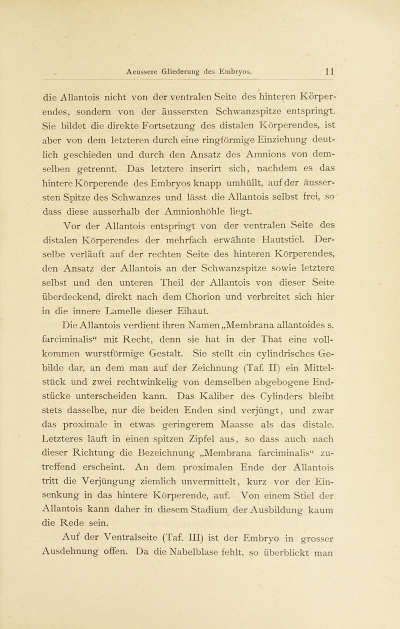 die Allantois nicht von der ventralen Seite des hinteren Körper- endes, sondern von der äussersten Schwanzspitze entspringt. Sie bildet die direkte Fortsetzung des distalen Körperendes, ist aber von dem letzteren durch eine ringförmige Einziehung deut- lich geschieden und durch den Ansatz des Amnions von dem- selben getrennt. Das letztere inserirt sich, nachdem es das hintere Körperende des Embryos knapp umhüllt, auf der äusser- sten Spitze des Schwanzes und lässt die Allantois selbst frei, so dass diese ausserhalb der Amnionhöhle liegt. Vor der Allantois entspringt von der ventralen Seite des distalen Körperendes der mehrfach erwähnte Hautstiel. Der- selbe verläuft auf der rechten Seite des hinteren Körperendes, den Ansatz der Allantois an der Schwanzspitze sowie letztere selbst und den unteren Theil der Allantois von dieser Seite überdeckend, direkt nach dem Chorion und verbreitet sich hier in die innere Lamelle dieser Eihaut. Die Allantois verdient ihren Namen „Membrana allantoides s. farciminalis“ mit Recht, denn sie hat in der That eine voll- kommen wurstförmige Gestalt. Sie stellt ein cylindrisches Ge- bilde dar, an dem man auf der Zeichnung (Taf. II) ein Mittel- stück und zwei rechtwinkelig von demselben abgebogene End- stücke unterscheiden kann. Das Kaliber des Cylinders bleibt stets dasselbe, nur die beiden Enden sind verjüngt, und zwar das proximale in etwas geringerem Maasse als das distale. Letzteres läuft in einen spitzen Zipfel aus, so dass auch nach dieser Richtung die Bezeichnung „Membrana farciminalis“ zu- treffend erscheint. An dem proximalen Ende der Allantois tritt die Verjüngung ziemlich unvermittelt, kurz vor der Ein- senkung in das hintere Körperende, auf. Von einem Stiel der Allantois kann daher in diesem Stadium der Ausbildung* kaum die Rede sein. Auf der Ventralseite (laf. III) ist der Embryo in grosser Ausdehnung offen. Da die Nabelblase fehlt, so überblickt man