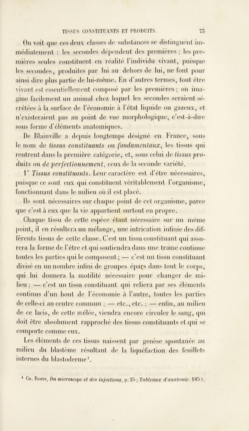 On voit ({lie ces deux classes de substances se distinguent im- médiatement : les secondes dépendent des premières ; les pre- mières seules constituent en réalité l’individu vivant, puisque les secondes, produites par lui au dehors de lui, 11e font pour ainsi dire plus partie de lui-même. En d’autres termes, tout être vivant est essentiellement composé par les premières; on ima- gine facilement un animal chez lequel les secondes seraient sé- crétées à la surface de l’économie à l’état liquide ou gazeux, et n’existeraient pas au point de vue morphologique, c’est-à-dire sous forme d’éléments anatomiques. De Blainville a depuis longtemps désigné en France, sous le nom de tissus constituants ou fondamentaux, les tissus qui rentrent dans la première catégorie, et, sous celui de tissus pro- • duits ou de perfectionnement, ceux de la seconde variété. 1° Tissus constituants. Leur caractère est d’ètre nécessaires, puisque ce sont eux qui constituent véritablement l’organisme, fonctionnant dans le milieu où il est placé. Ils sont nécessaires sur chaque point de cet organisme, parce que c’est à eux que la vie appartient surtout en propre. Chaque tissu de cette espèce étant nécessaire sur un même point, il en résultera un mélange, une intrication infinie des dif- férents tissus de celte classe. C’est un tissu constituant qui assu- rera la forme de l’être et qui soutiendra dans une trame continue toutes les parties qui le composent; — c’est un tissu constituant divisé en un nombre infini de groupes épaçs dans tout le corps, qui lui donnera la motilité nécessaire pour changer de mi- lieu; — c’est un tissu constituant qui reliera par ses éléments continus d’un bout de l’économie à l’autre, toutes les parties de celle-ci au centre commun ; — etc., etc. ; — enfin, au milieu de ce lacis, de cette mêlée, viendra encore circuler le sang, qui doit être absolument rapproché des tissus constituants et qui se comporte comme eux. Les éléments de ces tissus naissent par genèse spontanée au milieu du blastème résultant de la liquéfaction des feuillets internes du blastoderme1. 1 Ch. Robin, Du microscope et des injections, p. 25 ; Tableaux d'anatomie. 185 *.